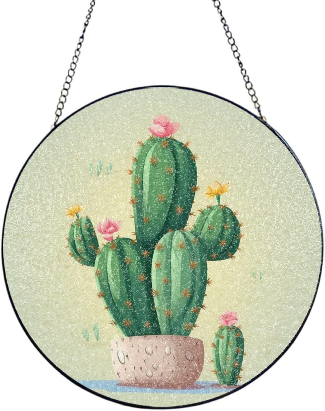 Stained Glass Window Hanging 6in（15cm）, Cute Cactus Glass Suncatcher for Home Decor, Indoor Wall Art Glass Panel with Metal Chain and Hooks, Sun Catcher Ornament Birthday Gifts