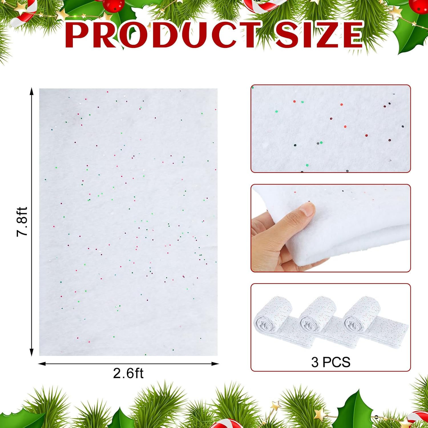 SmoothNovelty 3 Rolls Christmas Fake Snow Blanket 2.6 x 7.8 ft Artificial Snow Blankets for Christmas Village Glitter Faux Snowflake Glittered Drape for Xmas Village Display Party Table Runner