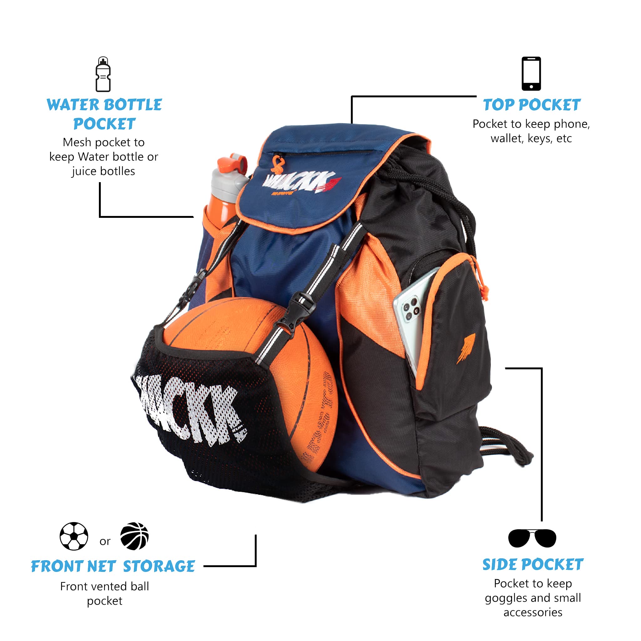 WHACKK Storm Soccer Football Equipment Bag | Sports Men Boys Drawstring Backpack | Mobile Bottle Holder Pocket | Gym Bag (Navy Orange) - Image 3 thumbnail