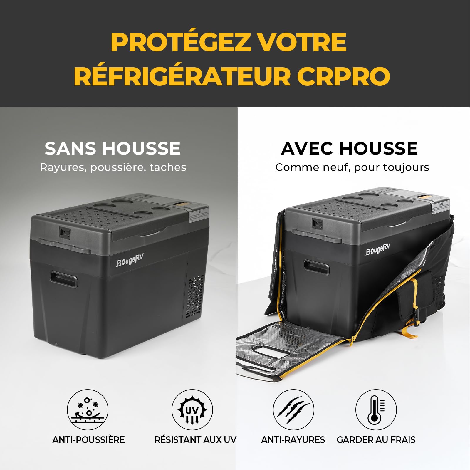 BougeRV CRPRO 29L Set Frigo Portatile a Compressore con Copertura Protettiva Inclusa, Frigorifero per Auto 12V/24V DC e 110-240V AC (-22℃~10℃), Frigo da Campeggio, Viaggio e Camion, nero
