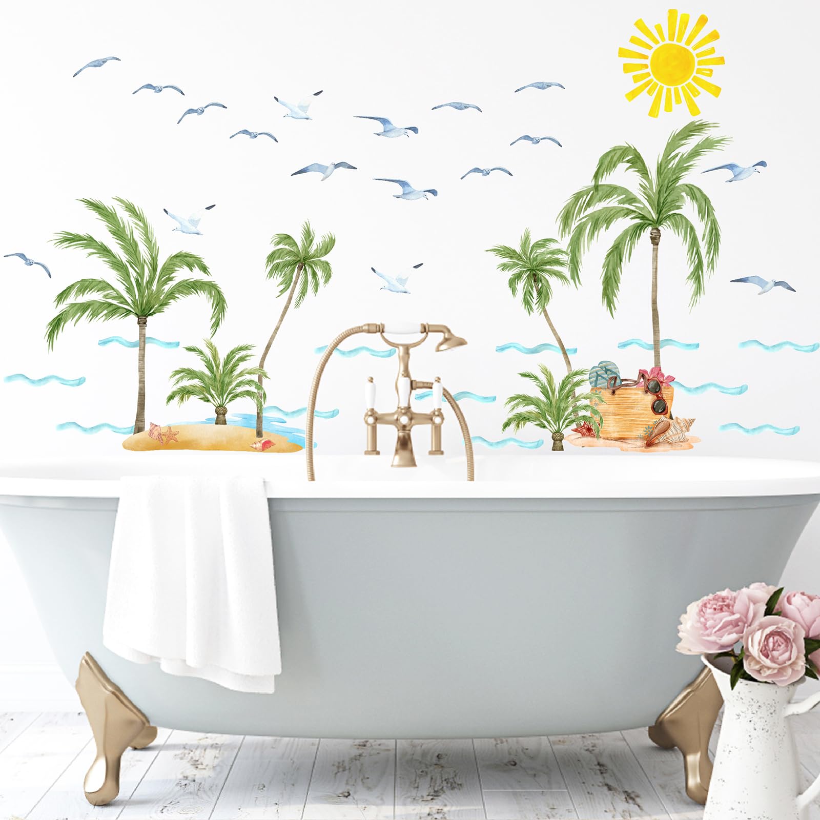 MOSITU Palm Tree Wall Stickers 47 Pcs Large Tropical Coconut Watercolour Sun Seagull Waves Beach Decals Removable Vinyl for Bedroom Living Room Spring Summer Decor - Image 4