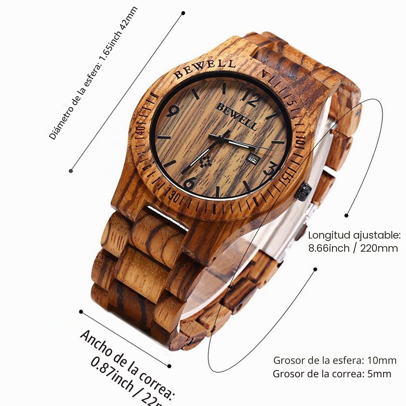 Reloj de madera Bewell W086B ligero analógico de cuarzo hecho a mano reloj de pulsera de madera