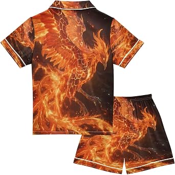 Satin Pajama Sets Short Sleeve Phoenix Rising in Fiery Splendor Button Down Silky Nightwear 2 Piece PJS 5-14Y