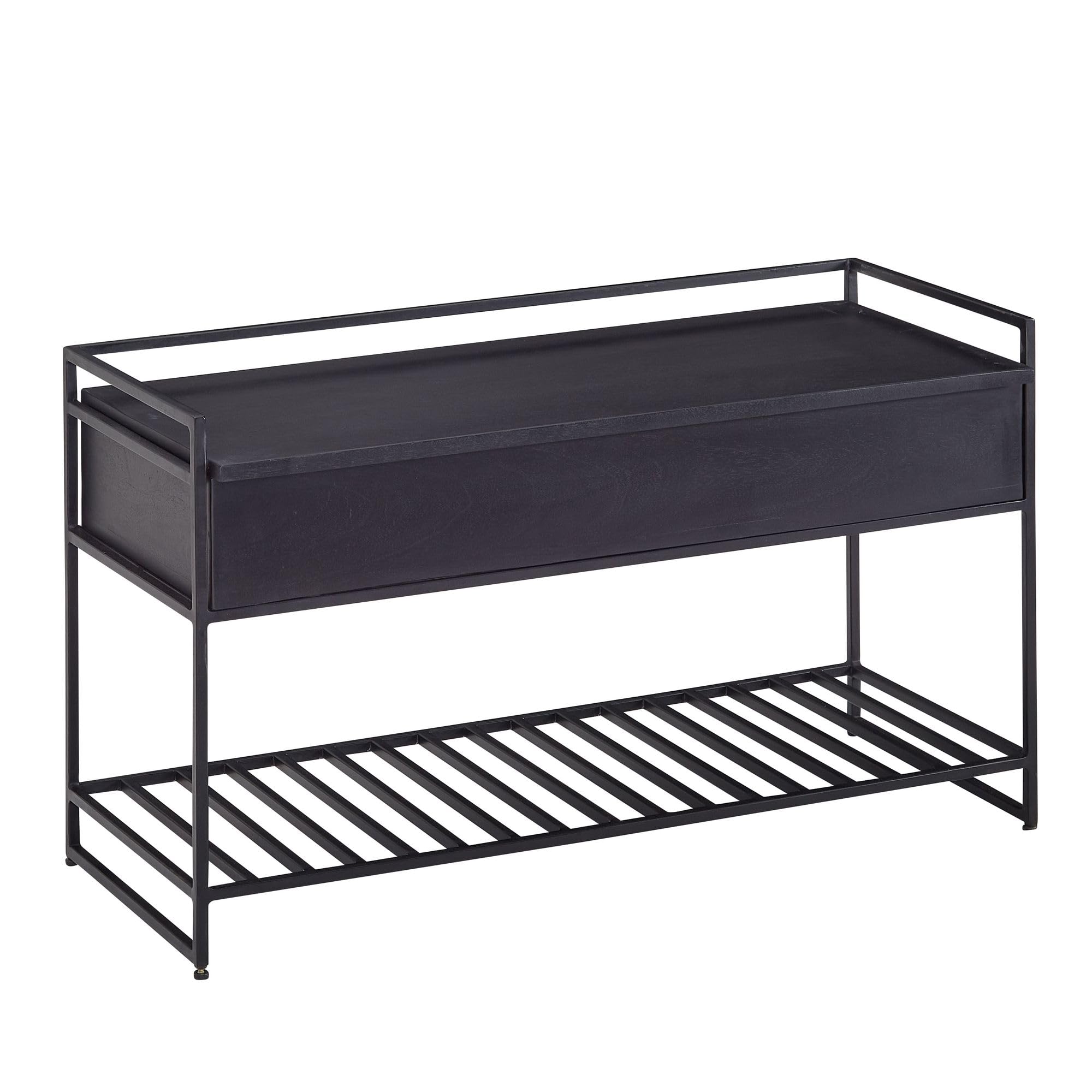 FineBuy Sitzbank mit Stauraum – 90x52x38 cm, Mango Massivholz/Metall
