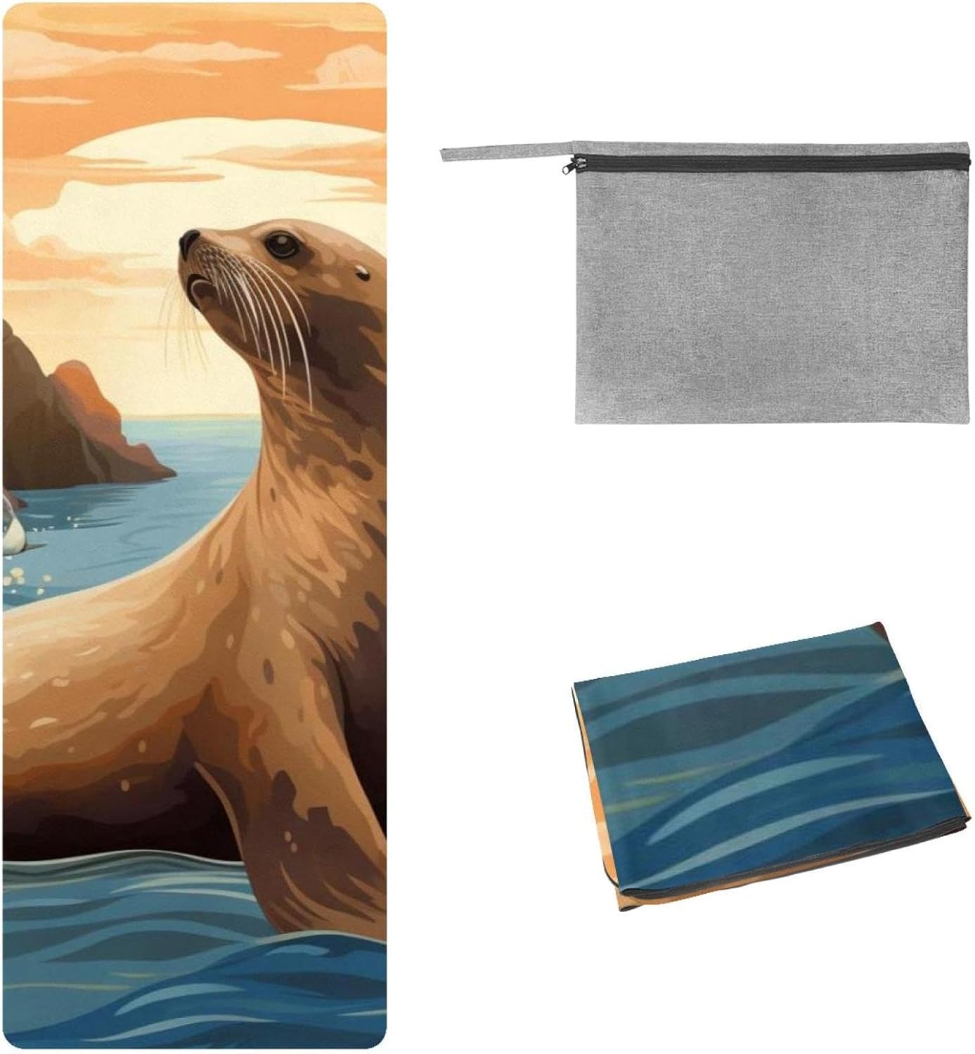 Yoga Towel, Sea Lion Pattern Non Slip Sweat Absorbent Hot Yoga Mat Towel for Hot Yoga, Pilates and Fitness - 72.8" x 26.8"