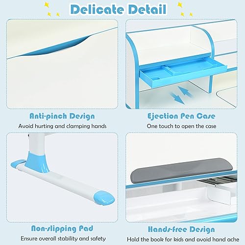 Miniatura 8 de Costzon Escritorio para niños, de 48 x 24 x 33 a 43 pulgadas, escritorio de estudio de altura ajustable con cajón, escritorio inclinado, estuche