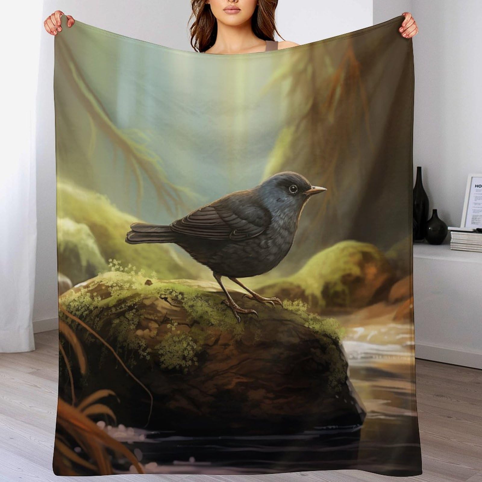 Couverture flanelle polaire 140x180cm plaid chaud et doux pour canapé imprimé oiseau