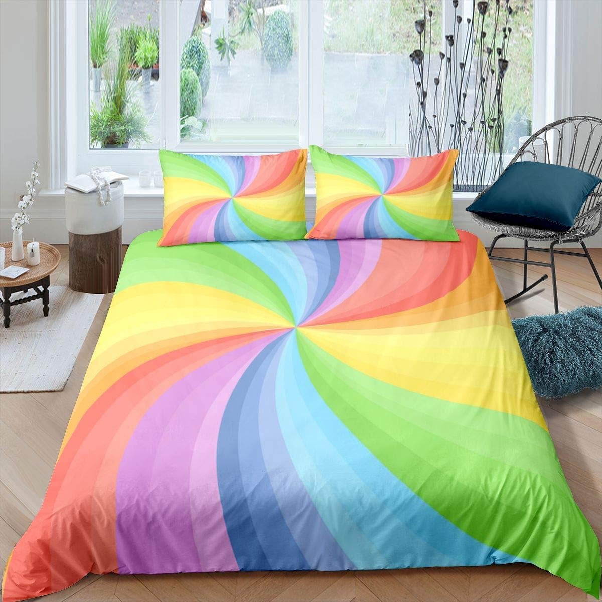 Tęczowa pościel 200 x 200 cm, kolorowe paski, nadruk 3D, zestaw pościeli z zamkiem błyskawicznym i 2 poszewkami na poduszkę 80 x 80 cm, miękka pościel z mikrofibry, 3-częściowy, na łóżko podwójne, K