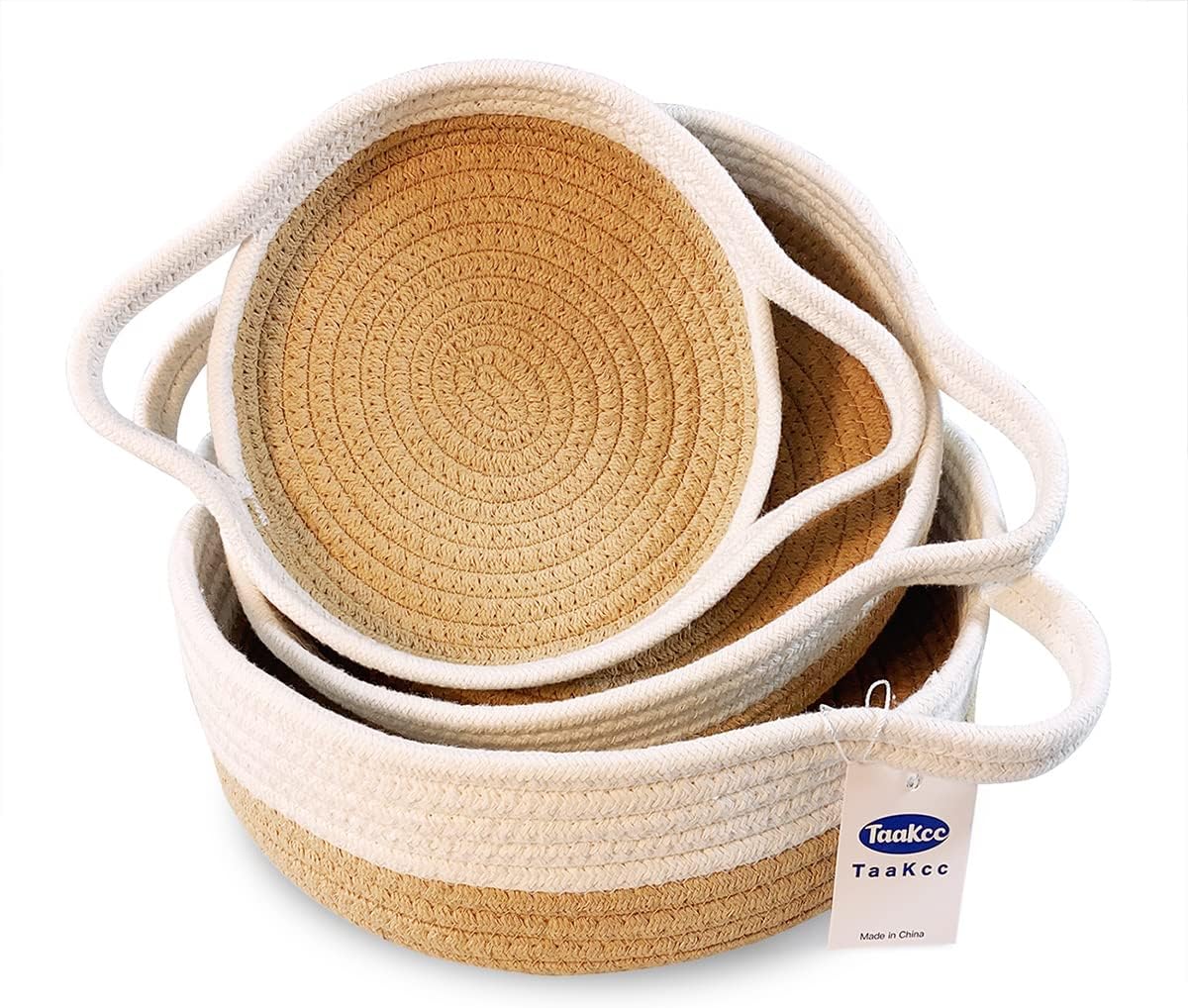 3-Piece Round Small Woven Basket Set – 100% Natural Cotton Rope Basket! Key Tray, Toy Storage, Doorway Storage Basket, Jewelry Remote Control Fruit Table Home Decor Shallow Basket