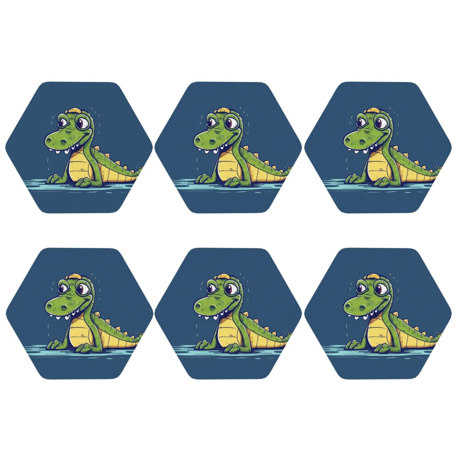 6pcs Leather Coasters for Drinks, Cartoon Crocodile Drink Coasters for Tabletop Protection, 4" Cup Coasters for Coffee Table Decor, Non-Slip Drinking Cup Mat for Hot Or Cold Drink