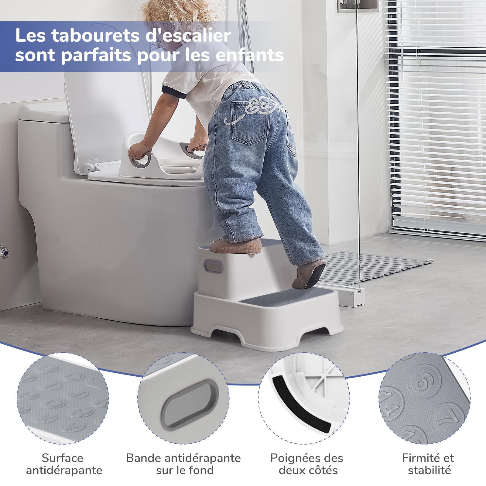 DEANIC Reducteur Toilette Enfant, Rehausseur avec 2 Marches, Réducteur WC Bébé adapté aux Enfants de 1 à 6 Ans, avec 2 Coussins et 1 Brosse (Gris)
