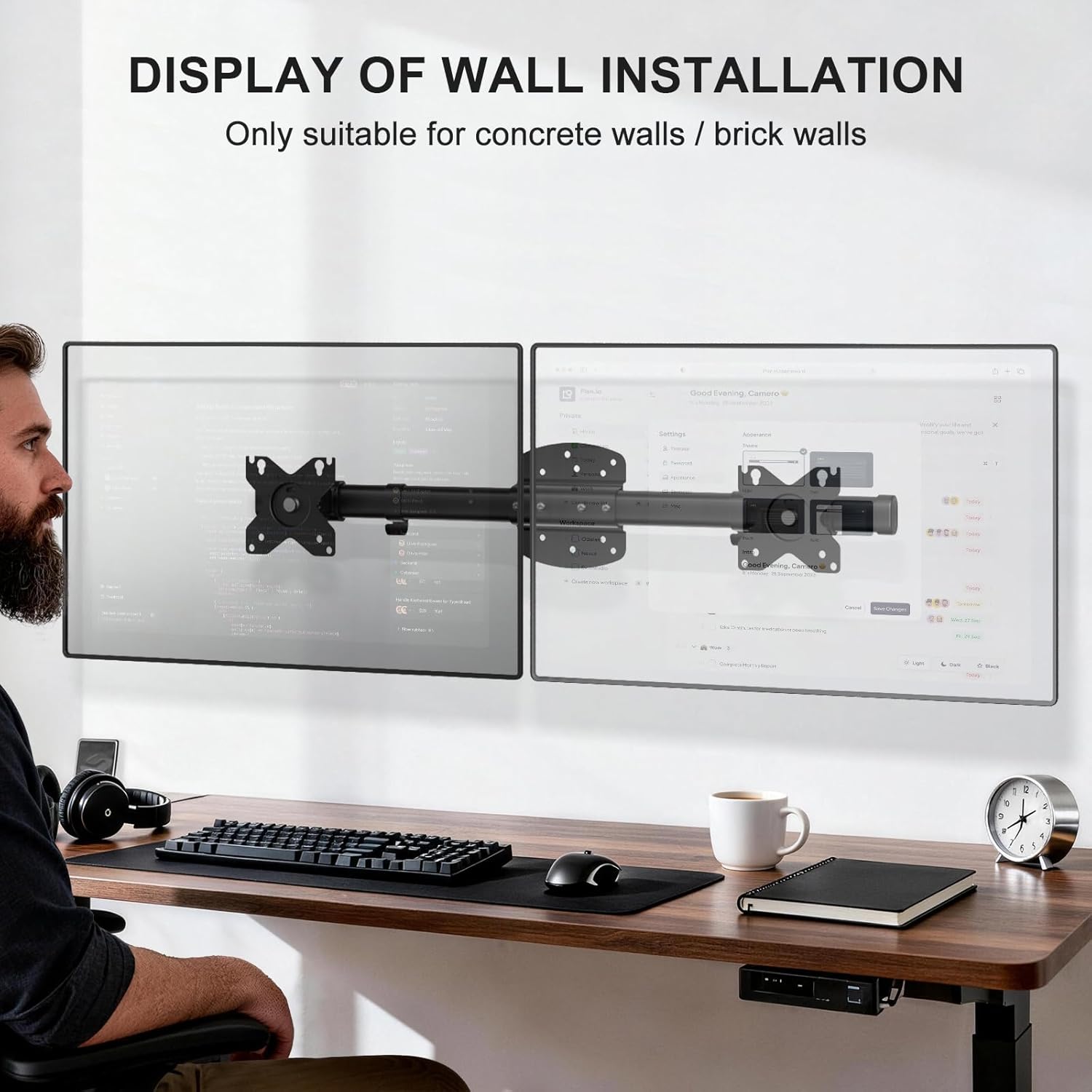 WALI Dual Monitor Wall Mount, Single to Double Bracket Adapter, Horizontal Assembly Arm for 2 Screen up to 27 inch (012ARM), Black
