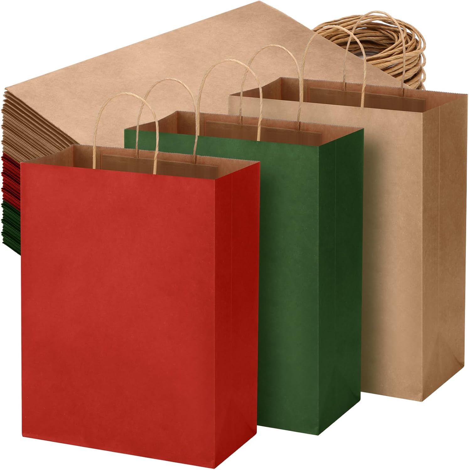 Kolldenn 120 Pcs Brown Red and Green Christmas Gift Bags Holiday Gift Kraft Paper Bags with Handles for Wedding Baby Shower Bridal Shower Shopping Party Favor Business, 8.26 x 6.3 x 3.15 Inches