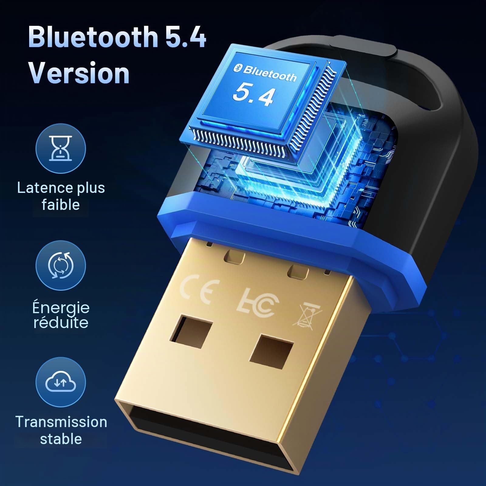 Hoppac Dongle Bluetooth 5.4, Cle Bluetooth pour PC, Faible Latence, Adaptateur Bluetooth USB, Compatible avec Windows 11/10/8.1/7, pour Casque, Souris, Clavier, Imprimantes