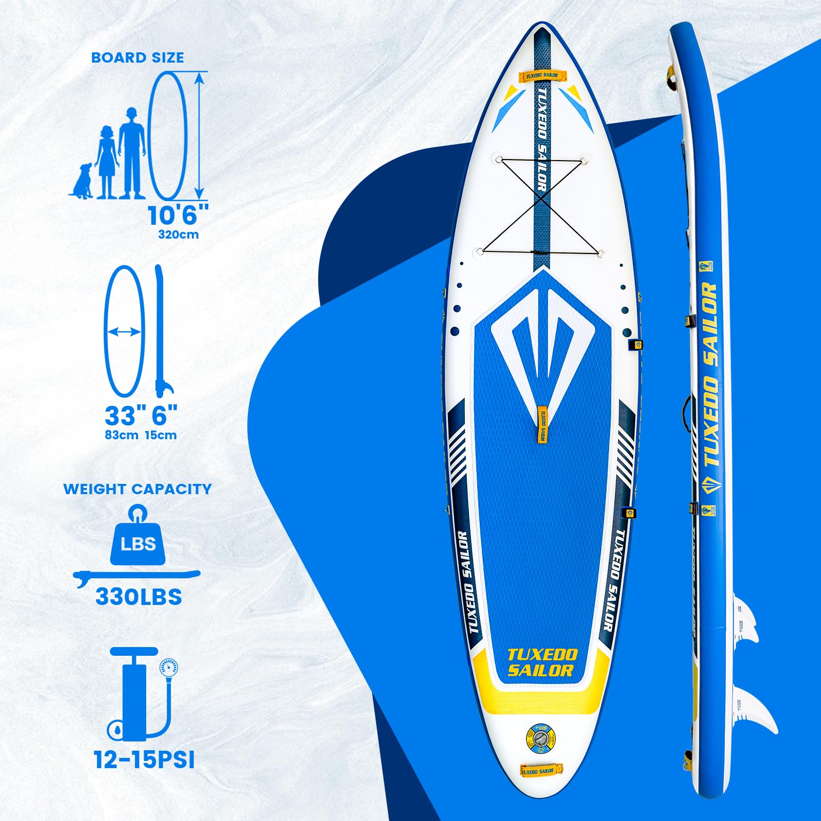 Tuxedo Sailor SUP Board Gonfiabile 335x76x15cm Stand Up Paddle Board Set con Pagaia ADJ, Pompa ad Alta Pressione, Sedile Kayak, Borsa Impermeabile, Guinzaglio, Pinna, Zaino, Tracolla, Paddle Board