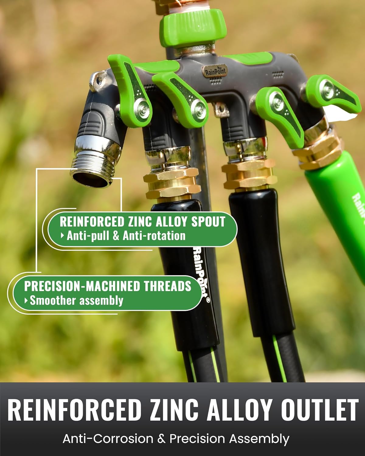 RAINPOINT 4 Way Garden Hose Splitter, 100% Metal Heavy Duty Water Hose Splitter with Individual Shut-Off Valves, 3/4" GHT High Flow Outdoor Faucet Splitter, 1.81" Extra Long Handle (Green)