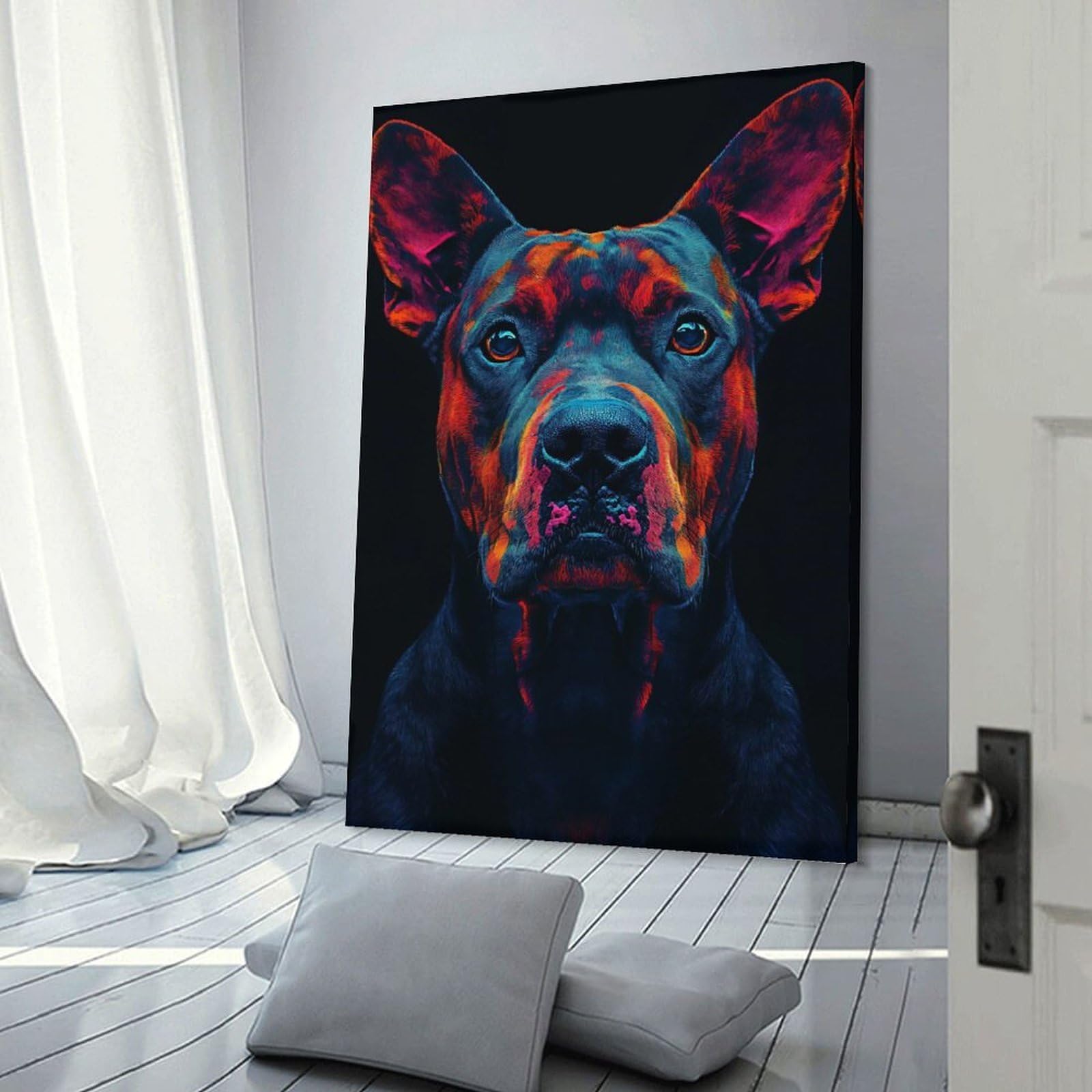 Junmoney Colorful Dog Portrait on Black Background Canvas Art Print, 20x30inch(50x75cm), for Bedroom Decor, Cosy Corners Or Studios, A Warm Accent for Relaxed Interiors