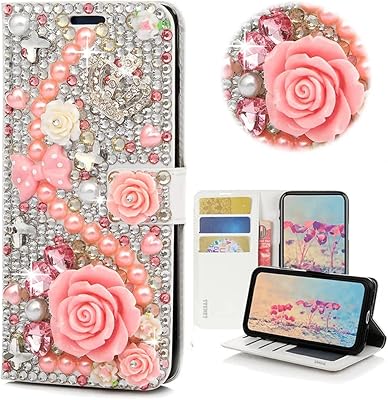 STENES Bling Wallet Phone Case Compatible with Samsung Galaxy S20 FE 5G Case - Stylish - 3D Handmade Crystal Rose Crown Bow Flowers Magnetic Wallet Stand Leather Cover Case - Pink