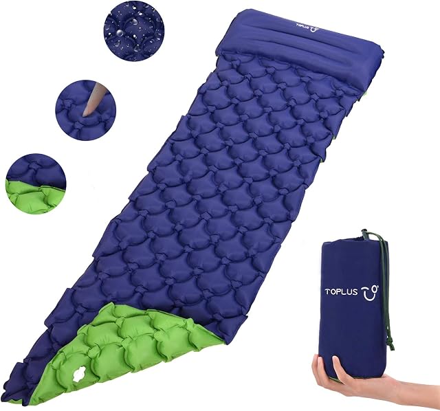 TOPLUS Camping Mat with Pillow, Camping Air Mattress, Folding Single Inflatable Sleeping Pad for Outdoor Backpacking, Hiking, Traveling, Waterproof, Lightweight, Portable (Navy Blue + Green)