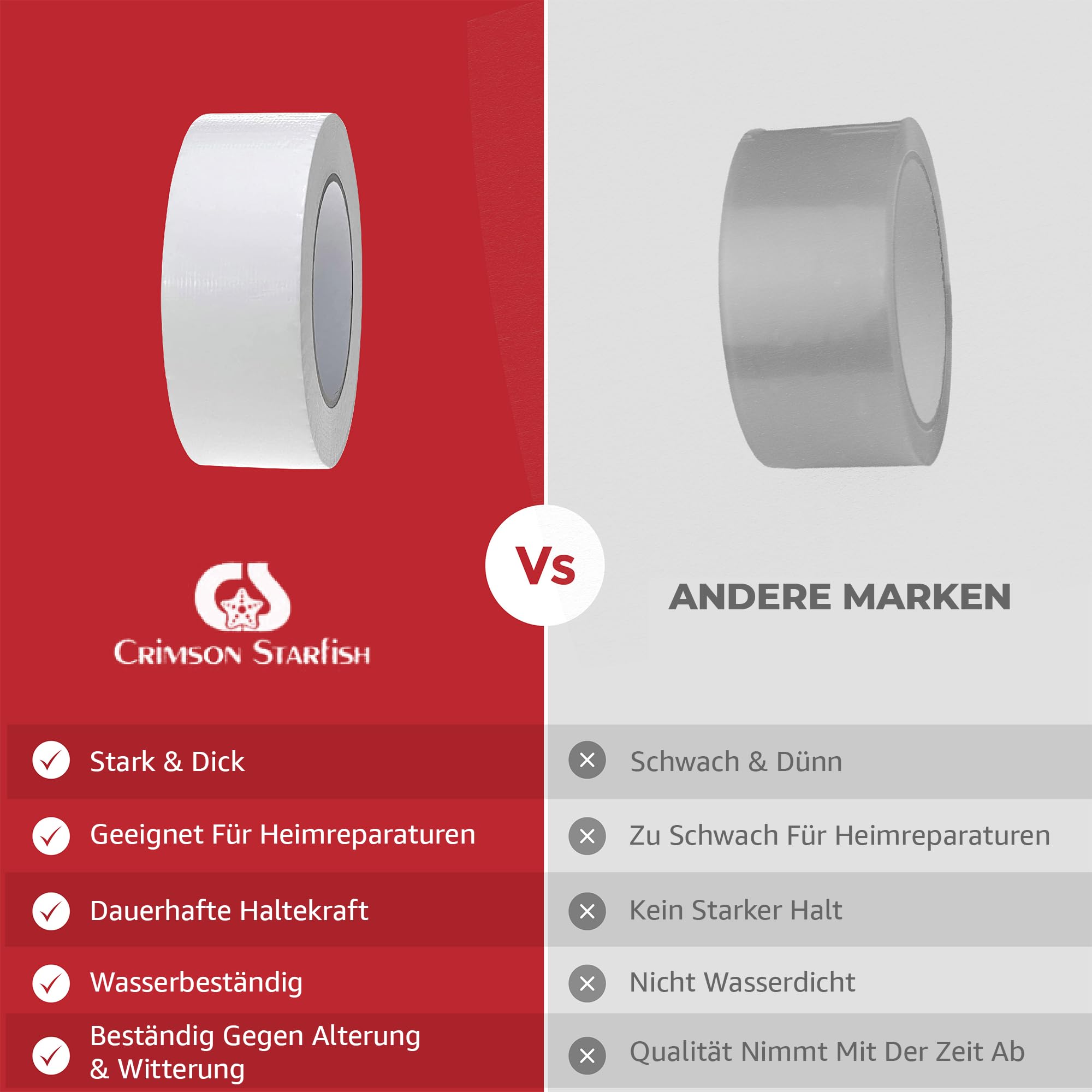 Crimson Starfish White Duct Tape | 24 Rollen à 48 mm x 45 m Gaffer Tape | Wasserfestes | Mehrzweck-Klebeband für drinnen und draußen | Starkes