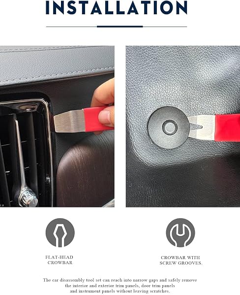 Auto Demontage Werkzeuge Set, 5 Teile Metall Hebelwerkzeug + Zierleistenkeile Automotive Reparatur Set, Kfz Trim Tool Kit Universal für Entfernung Autotür Türverkleidung und Platten, Rot - 4