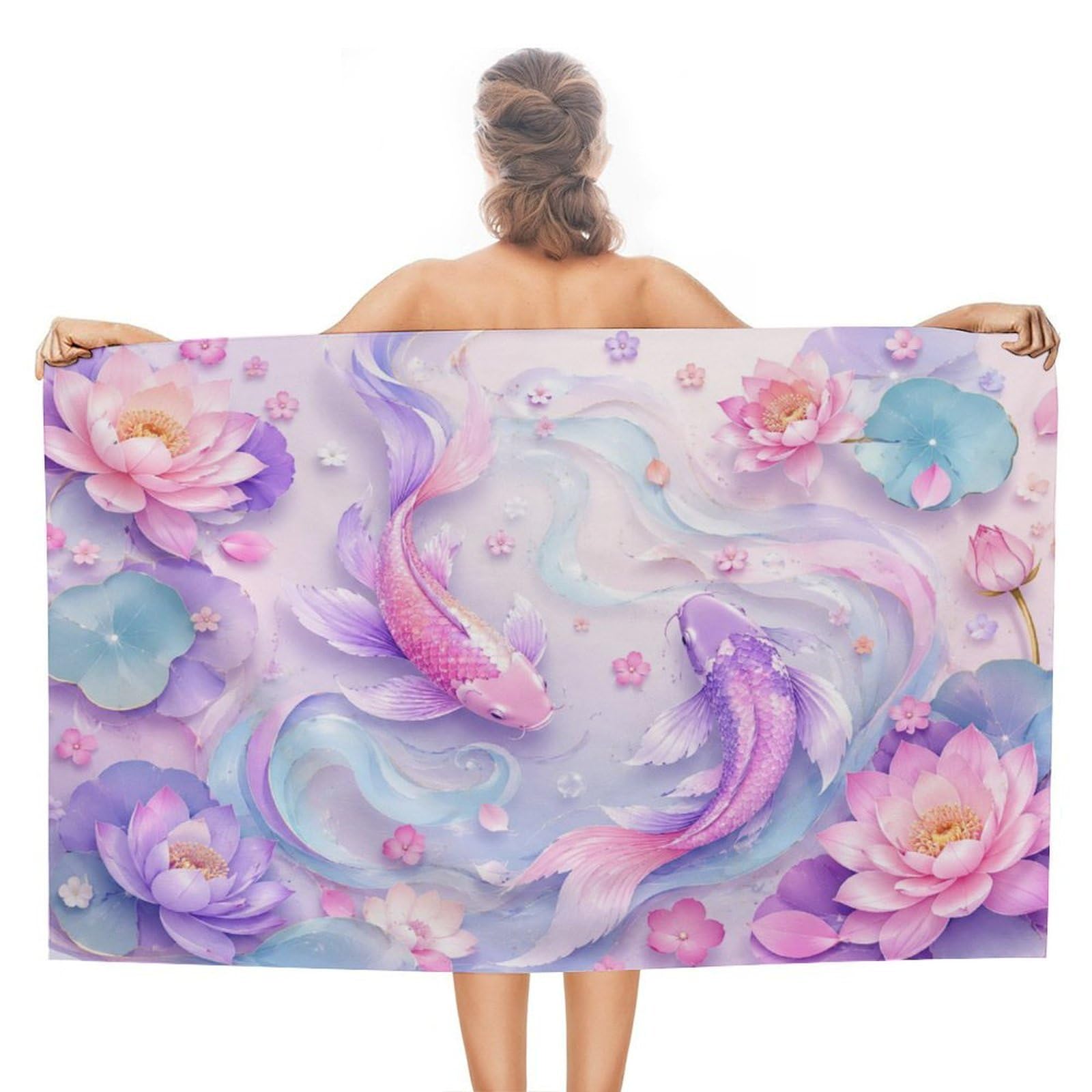 Anceky Koi Fish Lotus Flowers Watercolor Oversized Beach Towel Quick Dry Sand Free Microfiber Travel Towel Lightweight Multi Purpose Beach Blanket Pool Gym Bath Towel 51x31 in