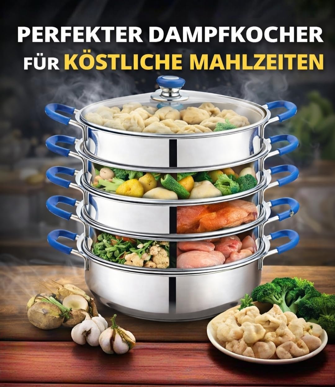 Dampfkocher "Kasachstan" Edelstahl 6-teilig – Mantykocher - Asia Serie – Hochwertiger Dampfgarer für alle Herdarten (Induktion, Gas, Elektro) – Spülmaschinengeeignet (30 cm)