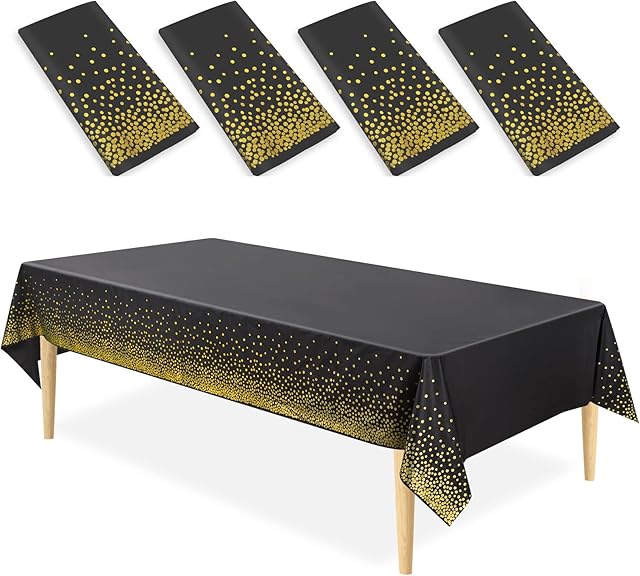 4 Packs Plastic Tablecloths Party Table Cloth Black and Gold Dots Confetti Rectangular Table Cover for Weddings Birthday Halloween Christmas, 107.87in*53.94in