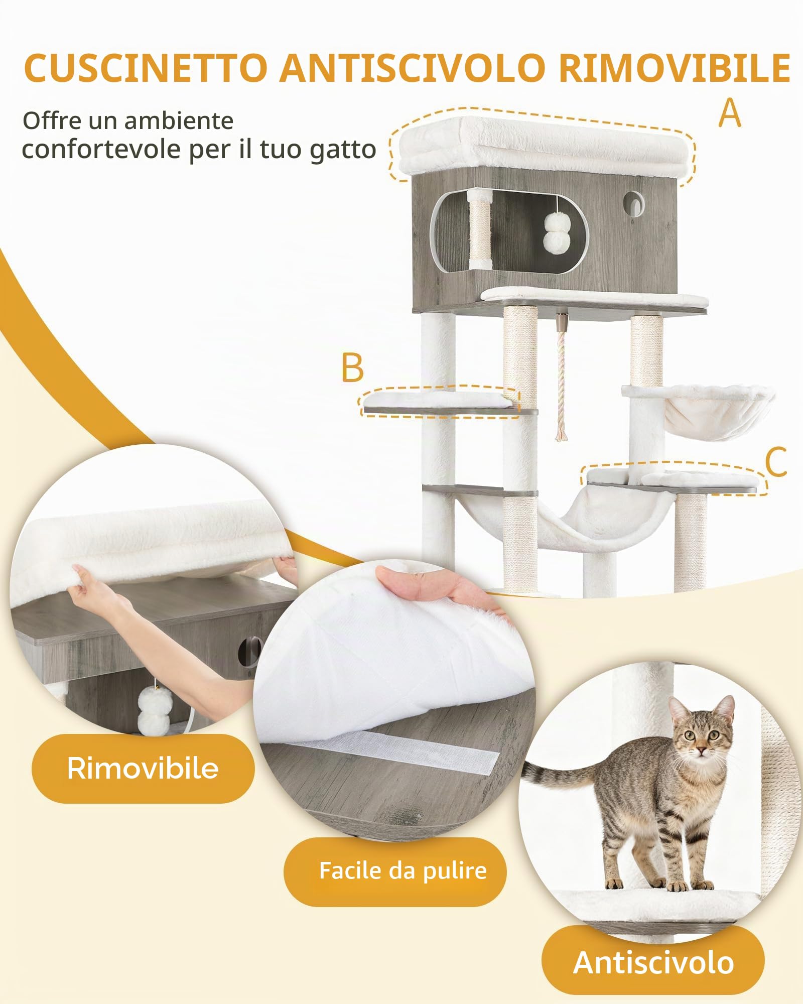 Hzuaneri Mobile Lettiera per Gatti, 176 cm Bianco Marrone Albero Tiragraffi