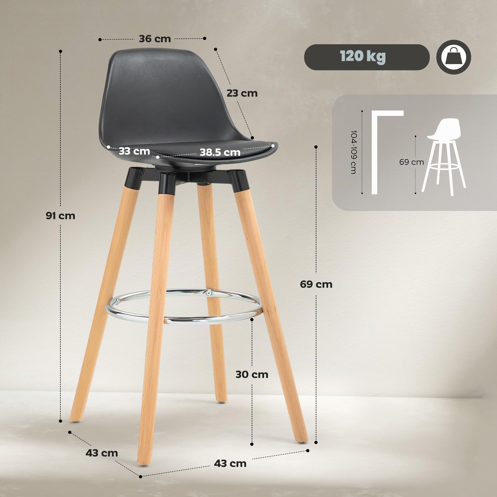 HOMCOM Set 2 Sgabelli Bar in PU Moderni, Seduta Alta 69 cm Imbottita Nero