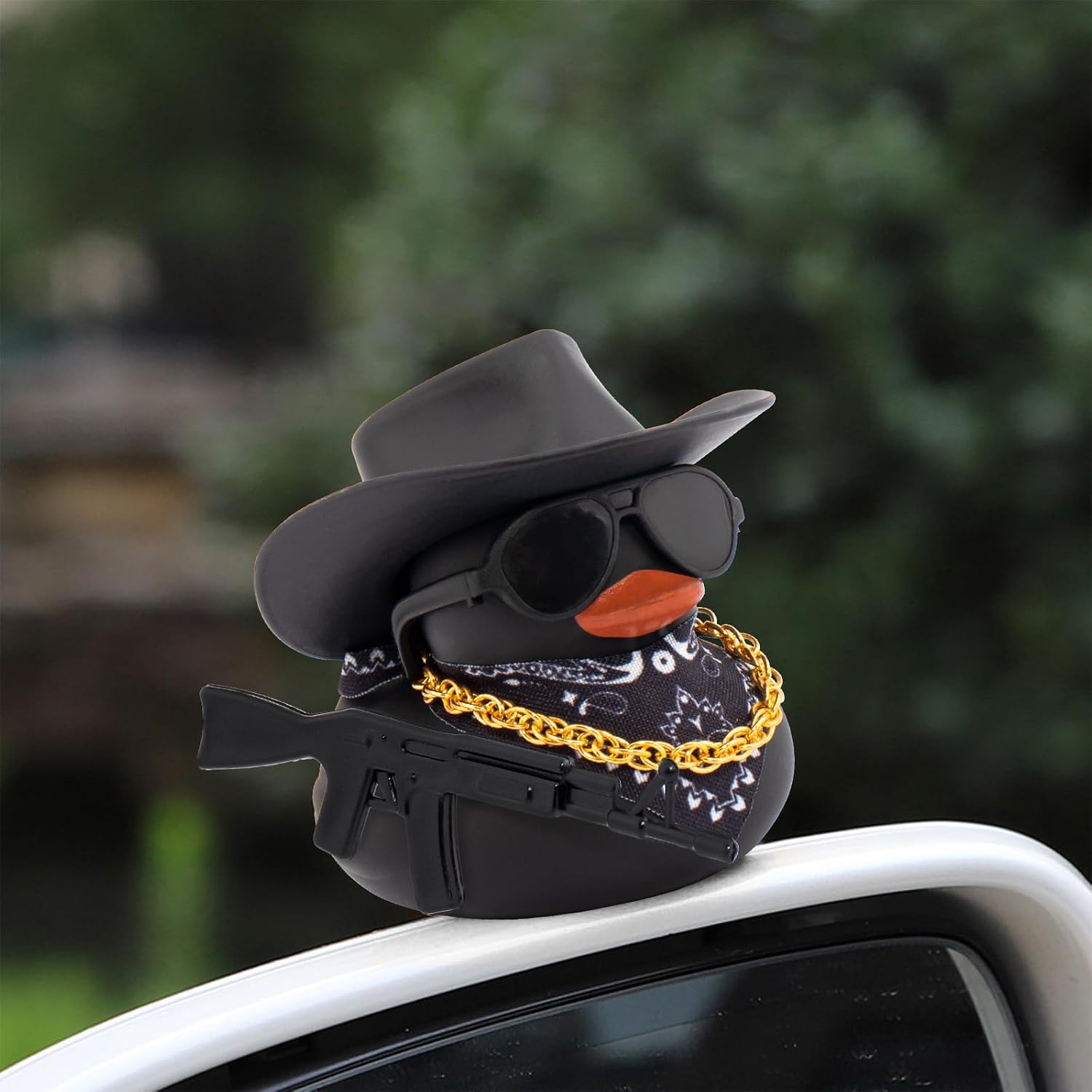 wonuu Black Rubber Duck Car Ornaments Dashboard Decorations for Cool Car Accessories with Cowboy Hat Necklace and Sunglasses, AK47