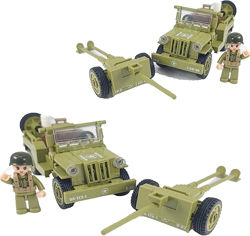 General Jim's Juego de construcción de ladrillos militares WW2 American Army Willy's Jeep & Artillery Bloques de construcción para entusiastas de