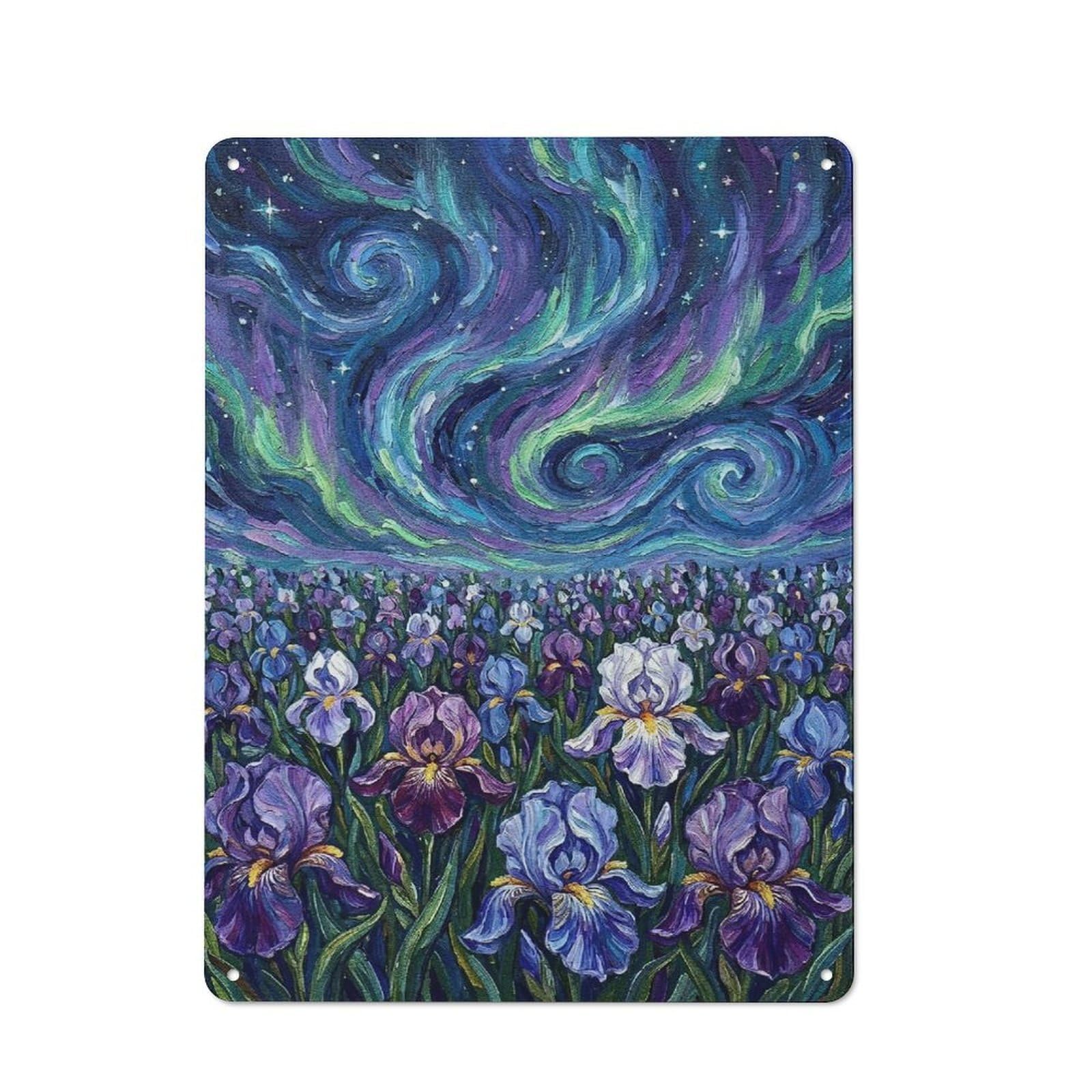 Junmoney Style-9 Metal Plaque With Irises Under The Northern Lights Painting Design 40X30cm, Rustic Cafe Wall Decor For Restaurant, Kitchen, Counter Or Breakfast Nook