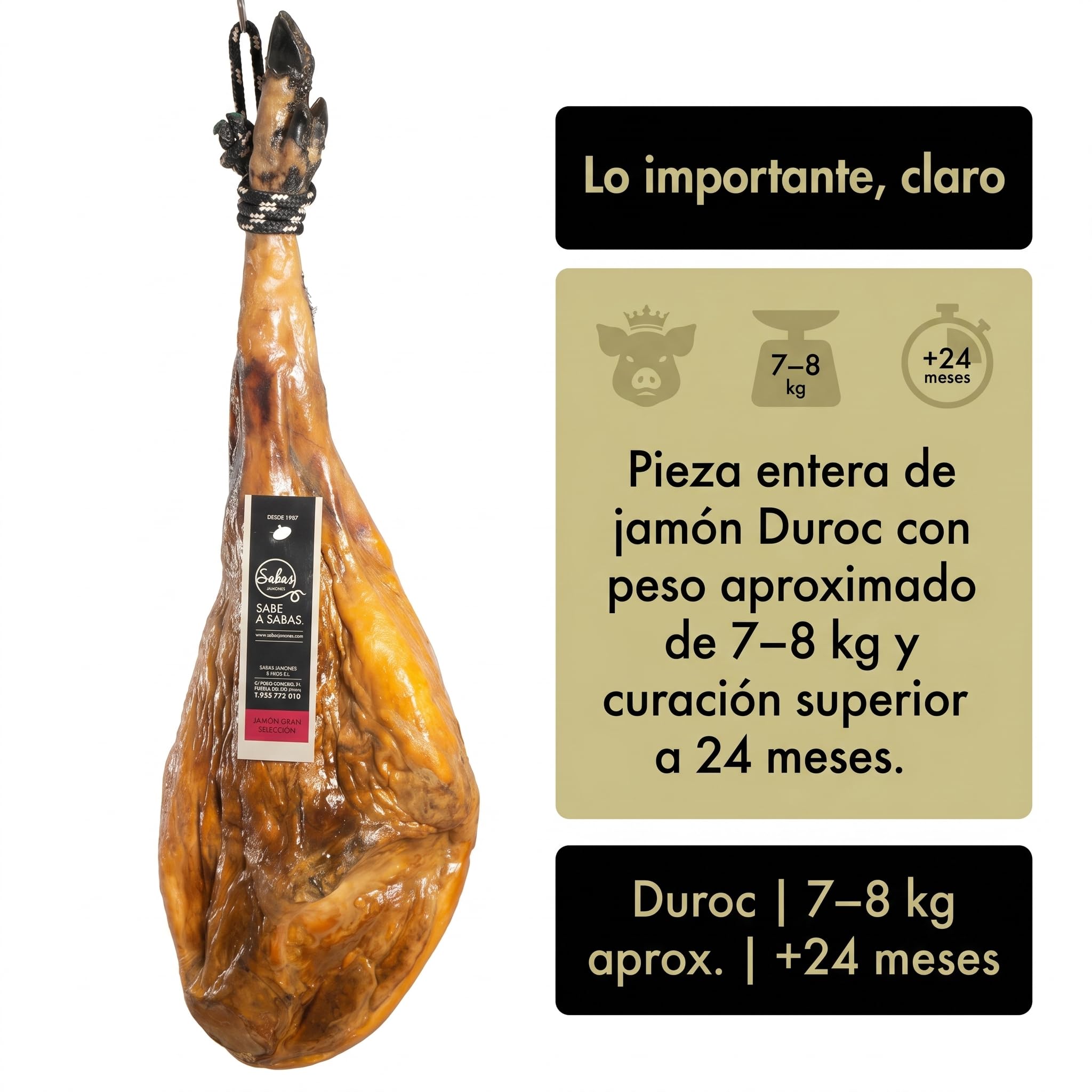 Jamon Duroc Gran Seleccion Curado 24 Meses Pieza Entera con Hueso 7 kg | Peso aproximado de siete kilos, secado lento en bodega, sin sulfitos declarados; para regalo, hosteleria, Navidad y eventos