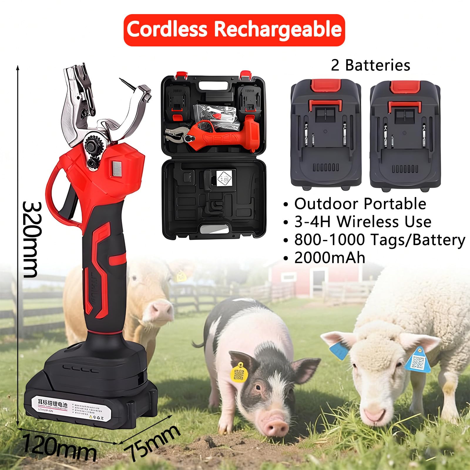 Aplicador Eléctrico De Crotales, Herramienta Inalámbrica Marcar Ganado, Reduce El Dolor del Animal, con 2 Baterías Y 4 Agujas Crotales, para Marcar Rápidamente Cerdos, Ganado Vacuno Y Ovino