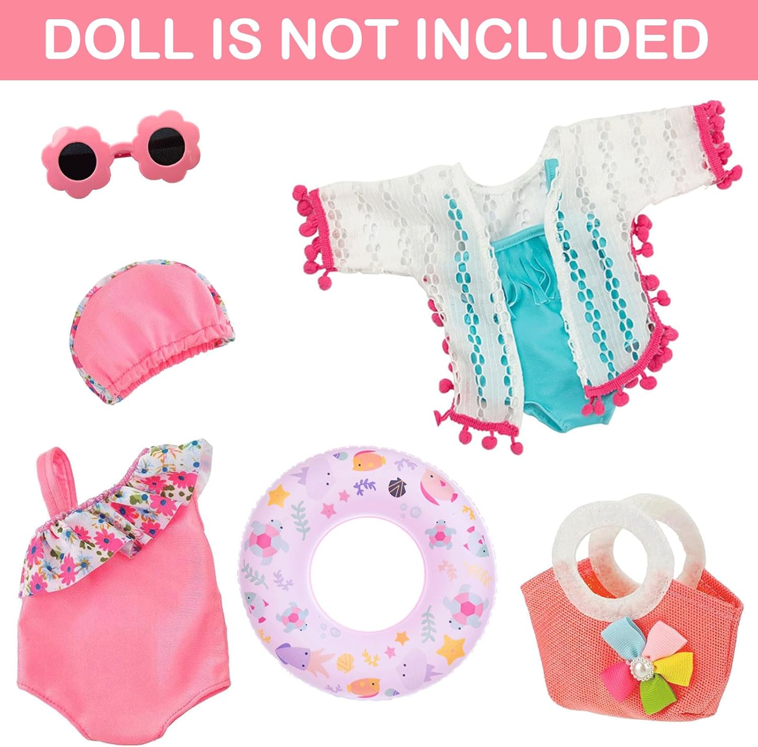 18 Inch Doll Clothes and Accessories, Doll Swimming Outfit Including Swimsuits Hat Sunglasses Garland Handbag Swimming Ring (Not Include Doll)