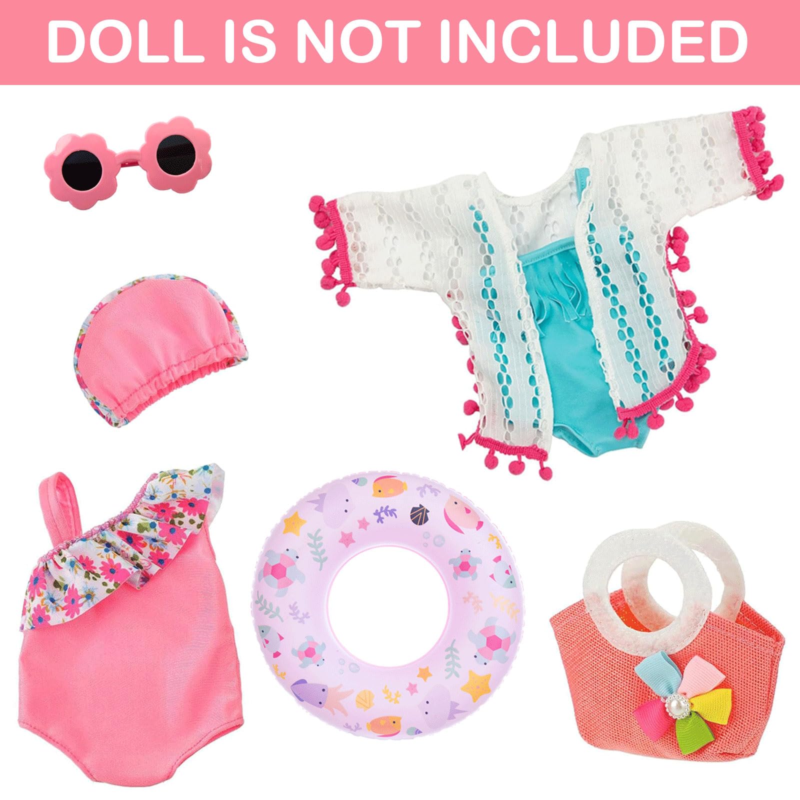 45,7 cm Puppenkleidung und Zubehör, Puppen-Schwimm-Outfit inklusive Badeanzüge, Hut, Sonnenbrille, Girlande, Handtasche, Schwimmring (Puppe nicht im Lieferumfang enthalten)