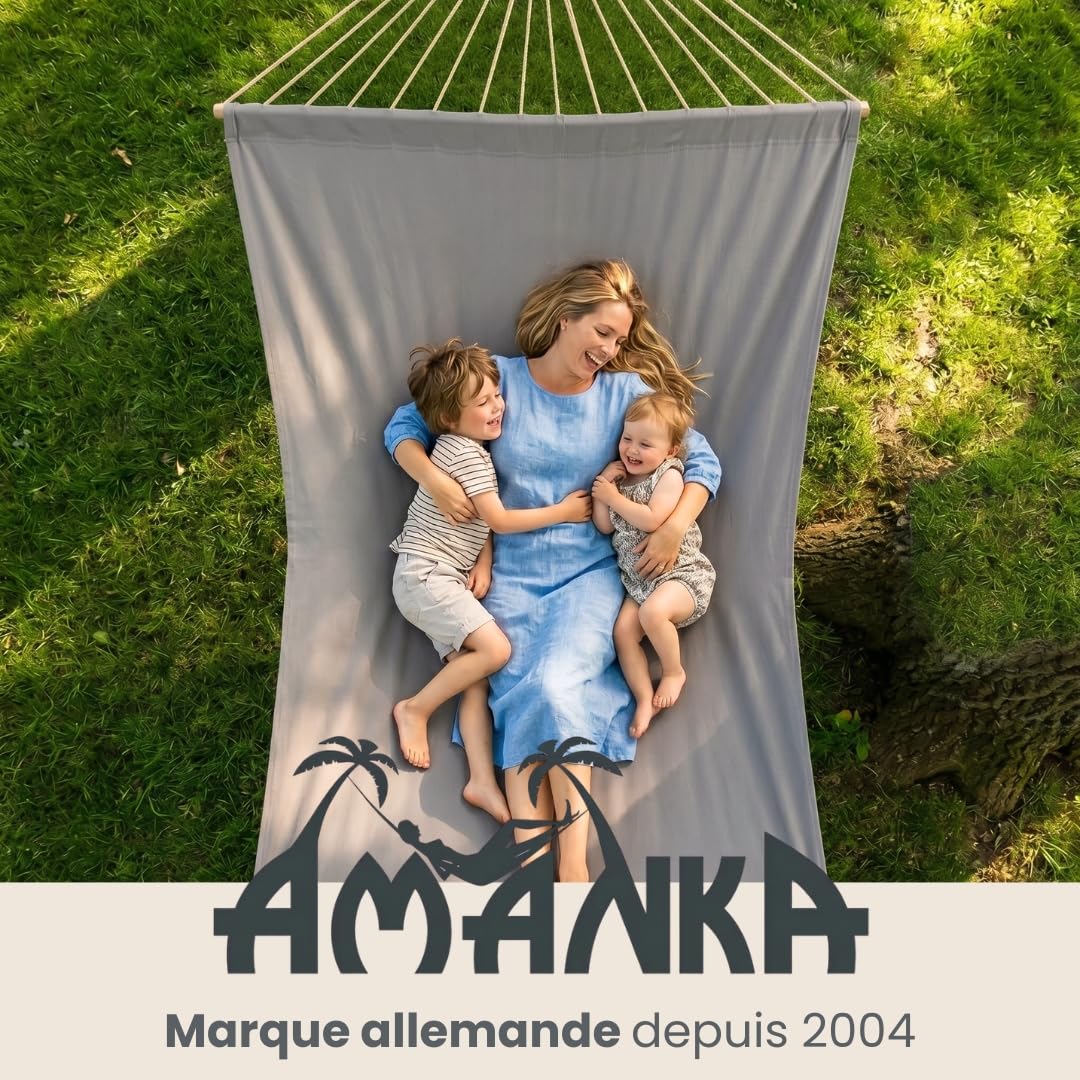 AMANKA XXL Hamac à Barre d'Écartement 200x120 cm Gris - Double Détente 2 Personnes 150kg - Coton Robuste Extérieur & Intérieur - Balcon Jardin Terrasse Camping - 100% Respirant Tissu Souple Agréable