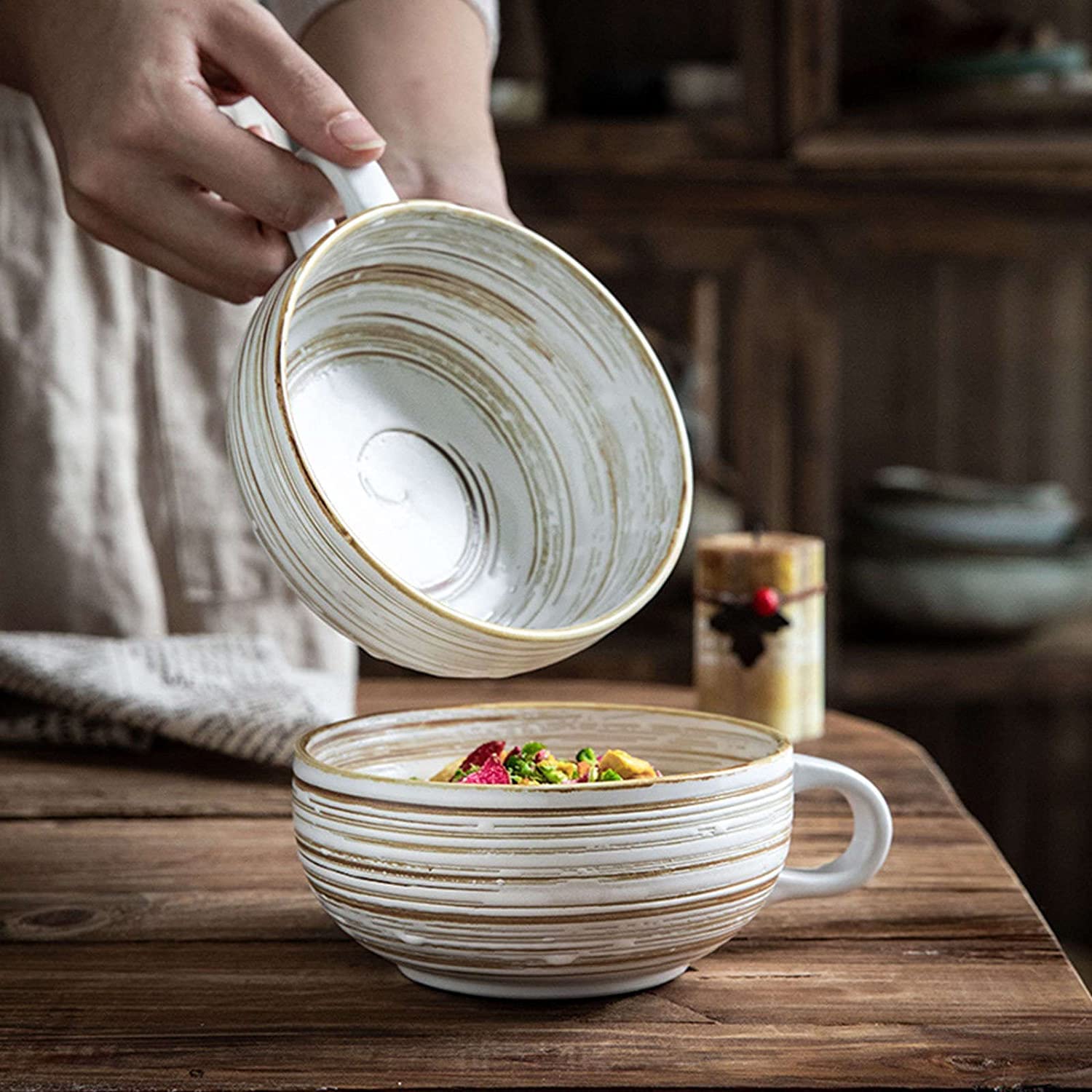 Tazón Grande, tazones de Sopa, Cerámica con asa, Tazas de Sopa de cerámica, Tazón de Sopa de Cebolla Francesa Apto para microondas 400 ml, Tazones de Desayuno，