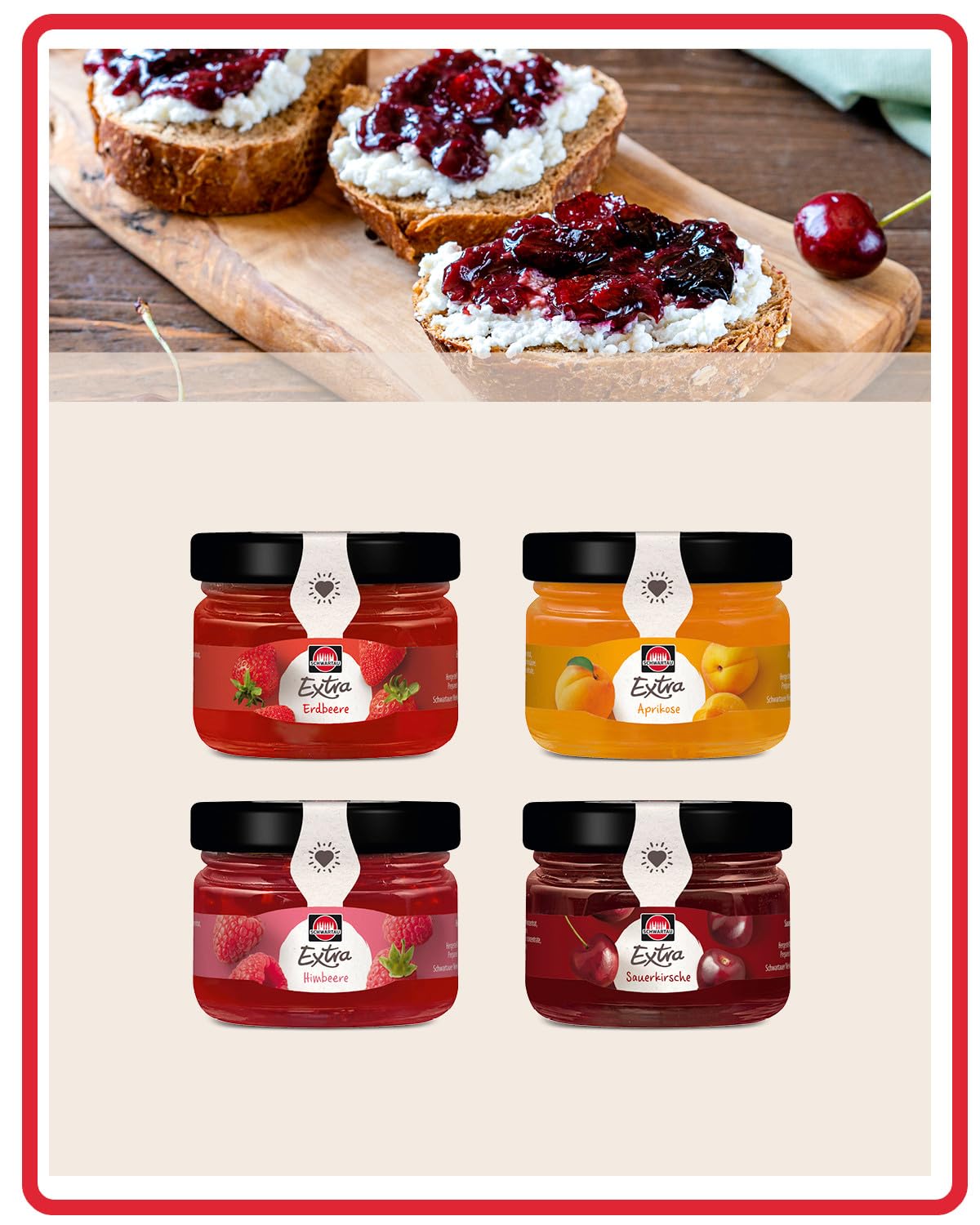 Schwartau Extra Mix-Box, Konfitüre Portionsgläser (18 x Erdbeere, 18 x Himbeere, 18 x Aprikose, 18 x Kirsche), 72 x 28,3g