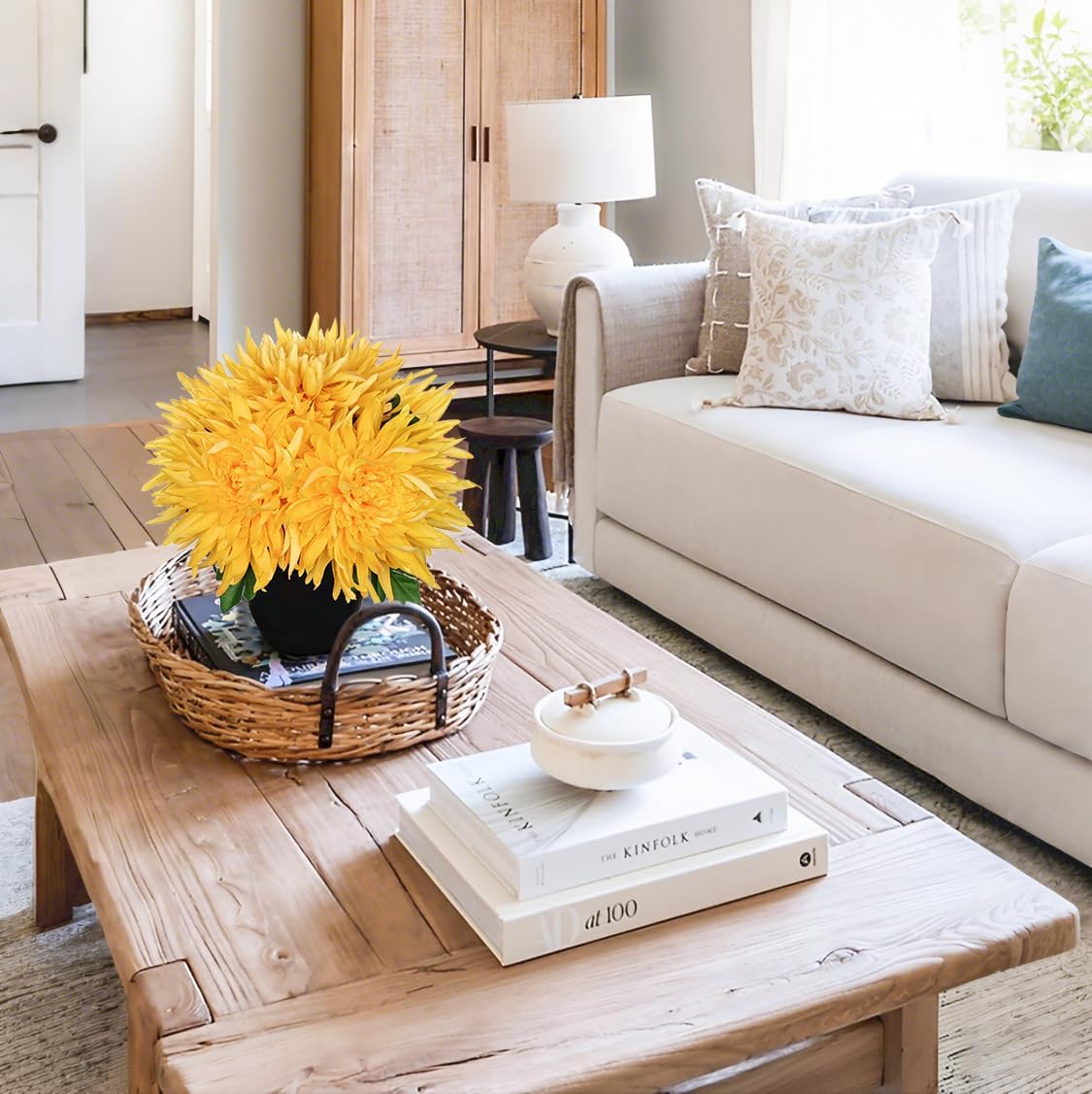 Hollyone Artificial Mums Flowers in Vase Faux Chrysanthemum Silk Flowers Potted Plant Fake Plants & Flowers with Pot Floral Arrangements Bouquets Pincushion Spider Mum Flower Home Decor Yellow - Image 4