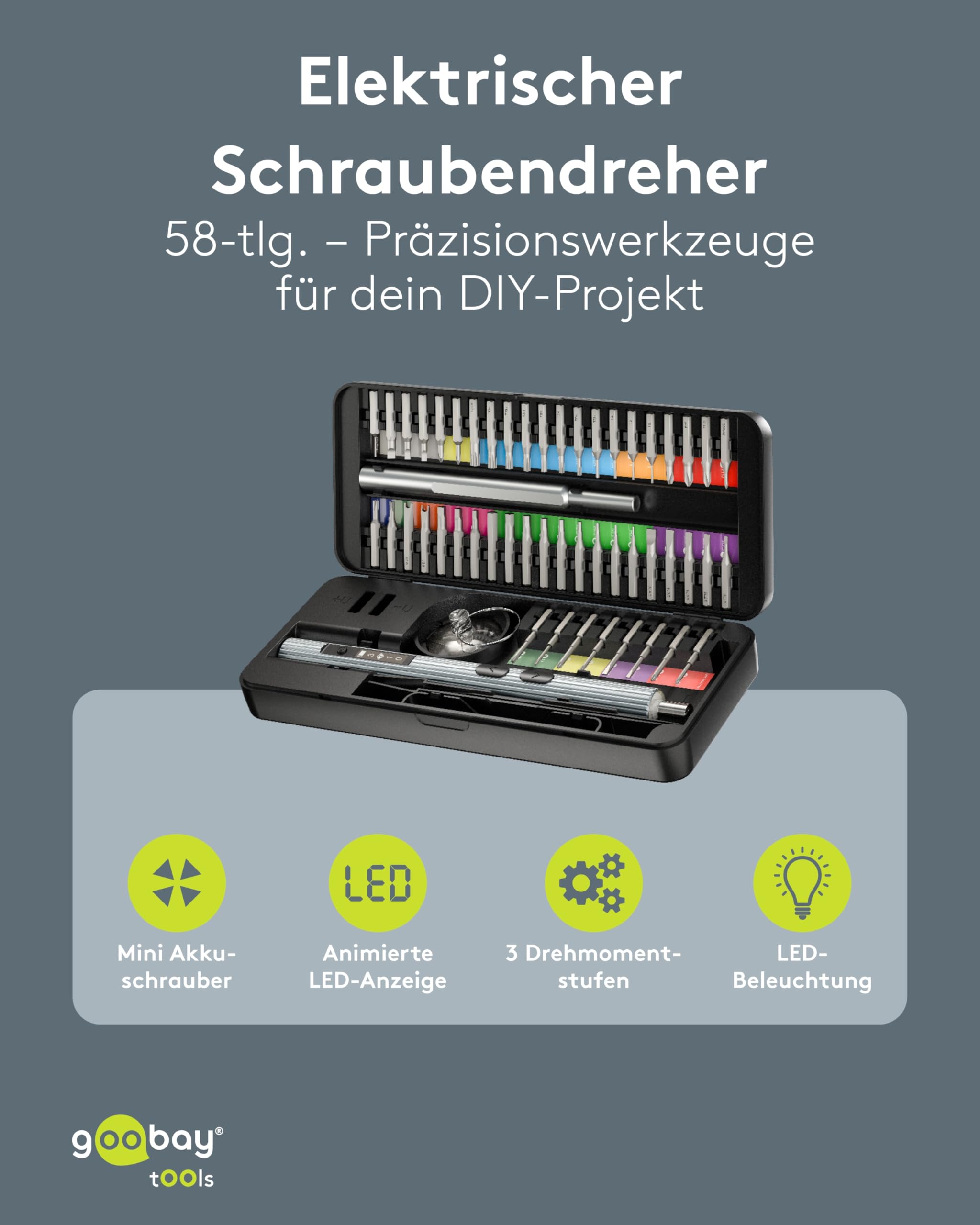 goobay Elektrischer Akkuschraubendreher 58in1 mit 50 Präzisions-Bits, magnetischem Aluminium-Case, 3 Drehmomentstufen, LED-Licht, USB-C-Ladung, Werkzeug-Set für Elektronik, Smartphone & PC