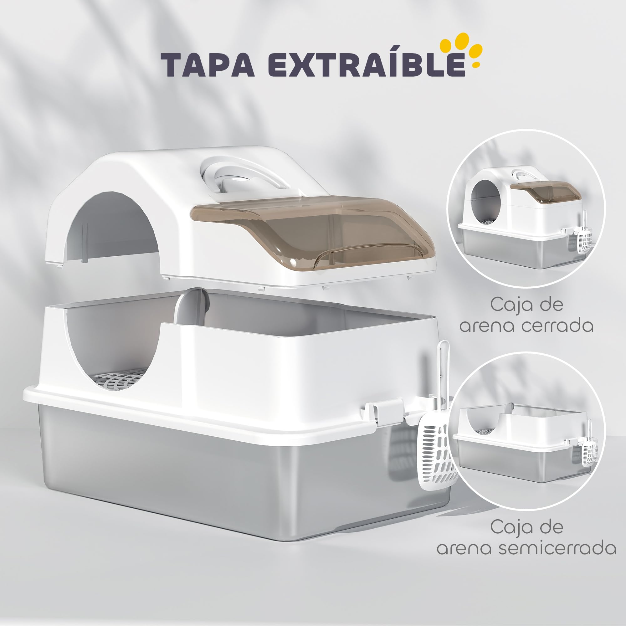 PawHut Arenero para Gatos Cubierto Cerrado Extragrande Blanco | Bandeja de Acero Inoxidable, Tapa Extraíble, Bordes Altos, Pala, sin Olor, Fácil de Limpiar, para Gatos Grandes