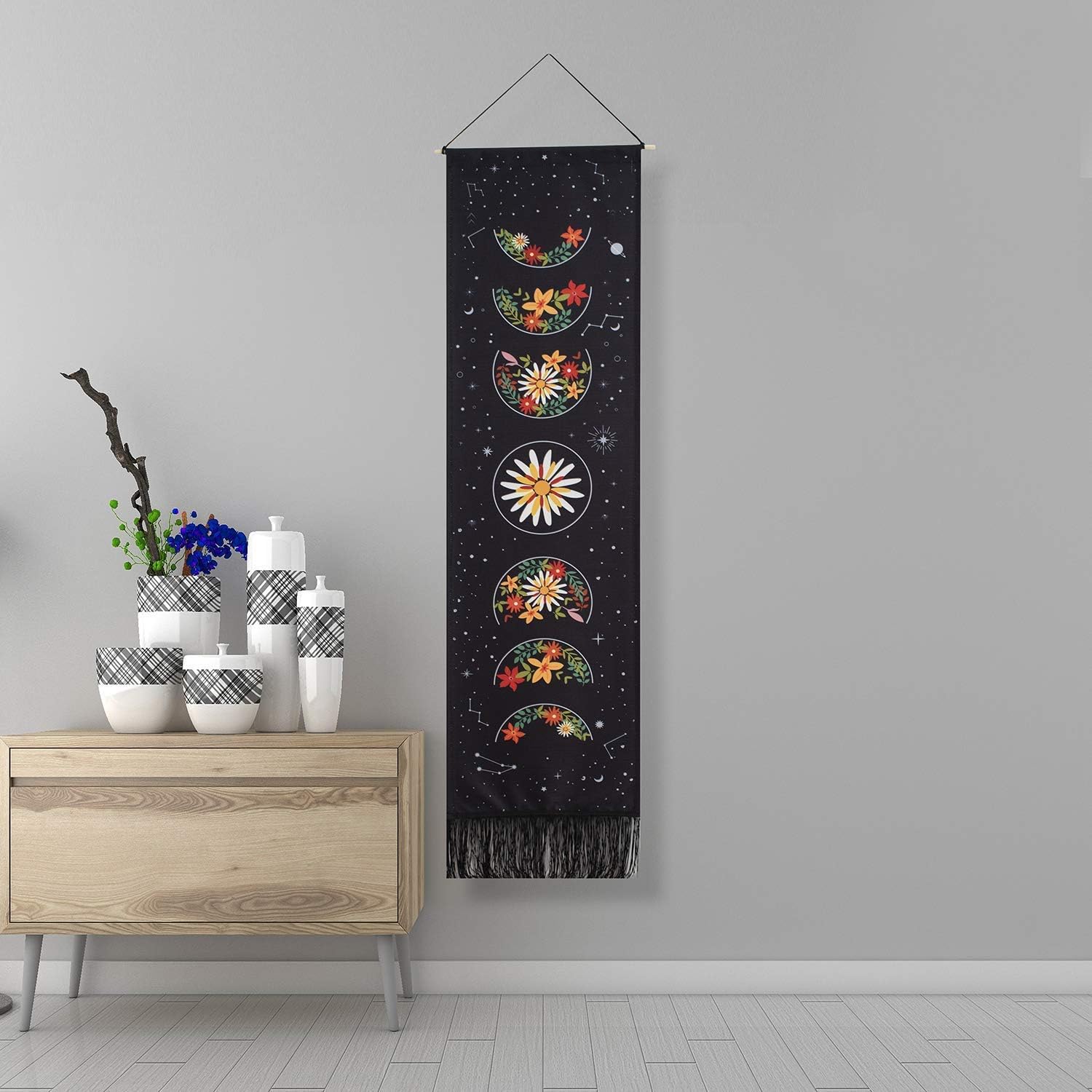 mchatte Moon Phase Tapestry Wall Hanging Black Moon Stars Vertical Tapestry for Men Moon Phases Wall Art Small Long Tapestry for Bedroom, Living Room Decor (black flower)
