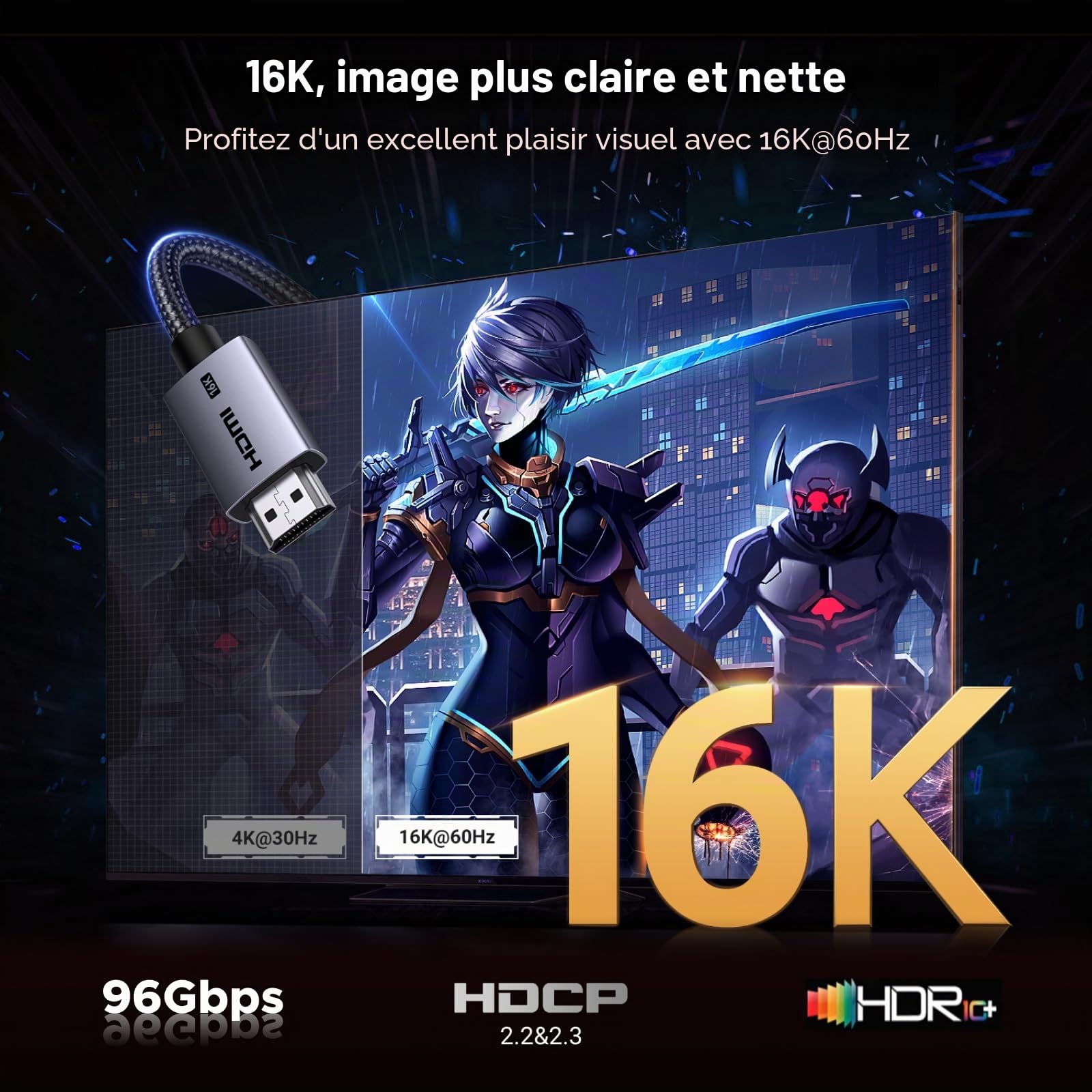 UGREEN 16K Câble HDMI 2.2 16K 60Hz 12K 8K 240Hz 96Gbps Ultra Haute Vitesse Cordon HDMI Aluminium LIP DynamicHDR Dolby Atmos HDCP Nylon Tressé Compatible avec PS5 4 Xbox MacBook Pro Blu Ray HDTV 2M