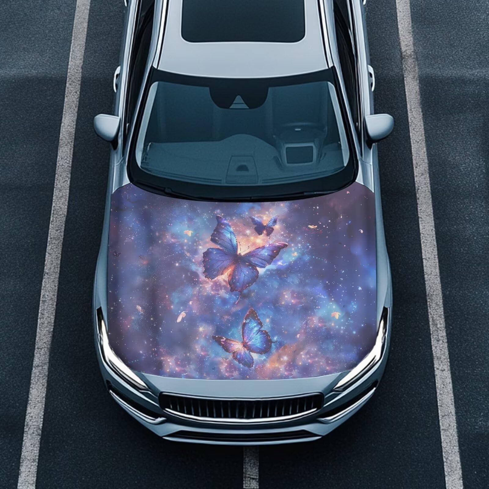 Galaxy Butterfly Car Hood Cover for Leaves, Car Bonnet Banner, Universal Fit, Elastic Polyester, Stretchable, Waterproof Automotive Hood Covers,Car Accessories