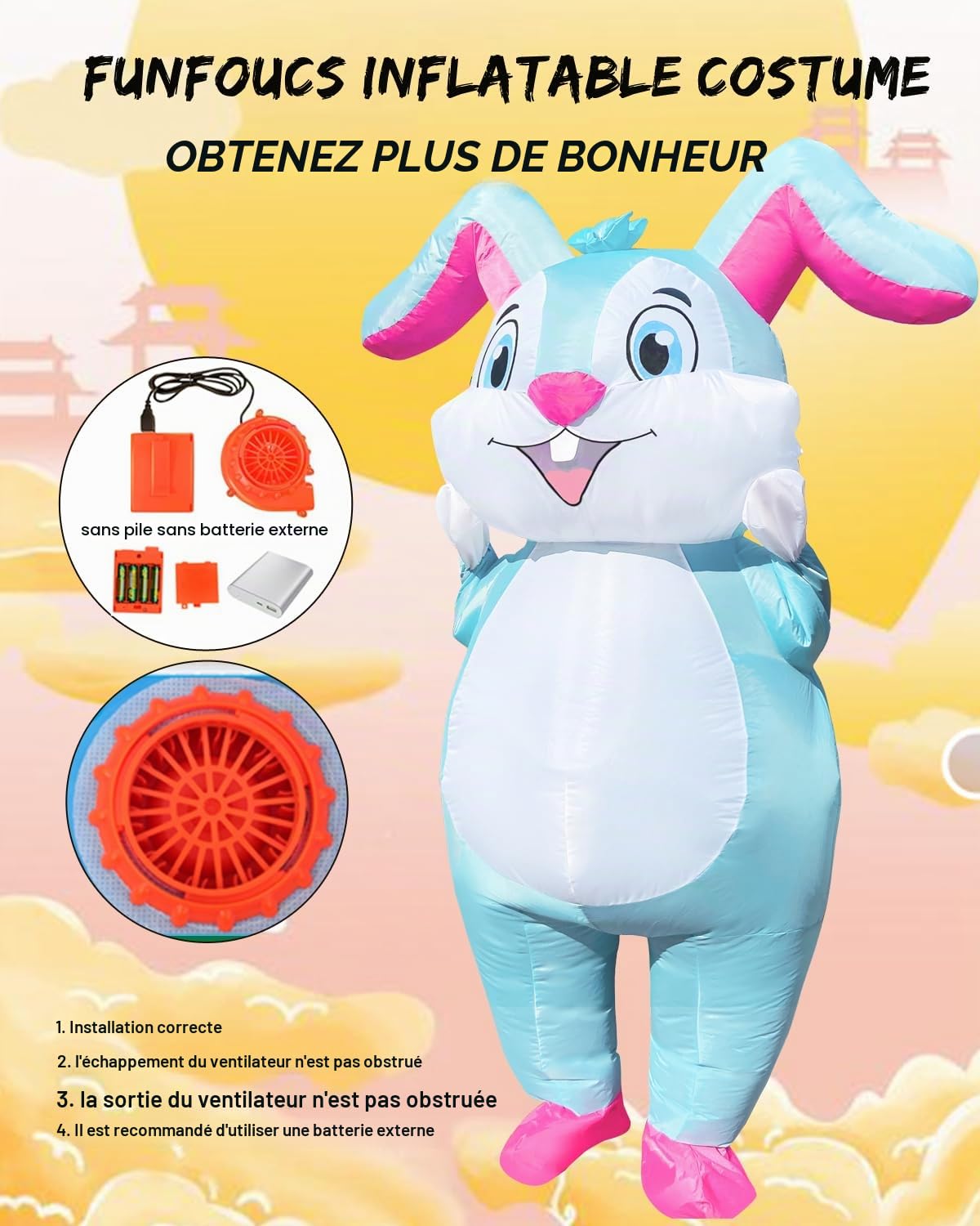 Costume de lapin gonflable pour adulte – Costume d'air d'équitation pour homme et femme – Costume amusant pour Halloween, Noël, Pâques, carnaval, fête (costume de rabbit gonflable pour femme adulte)