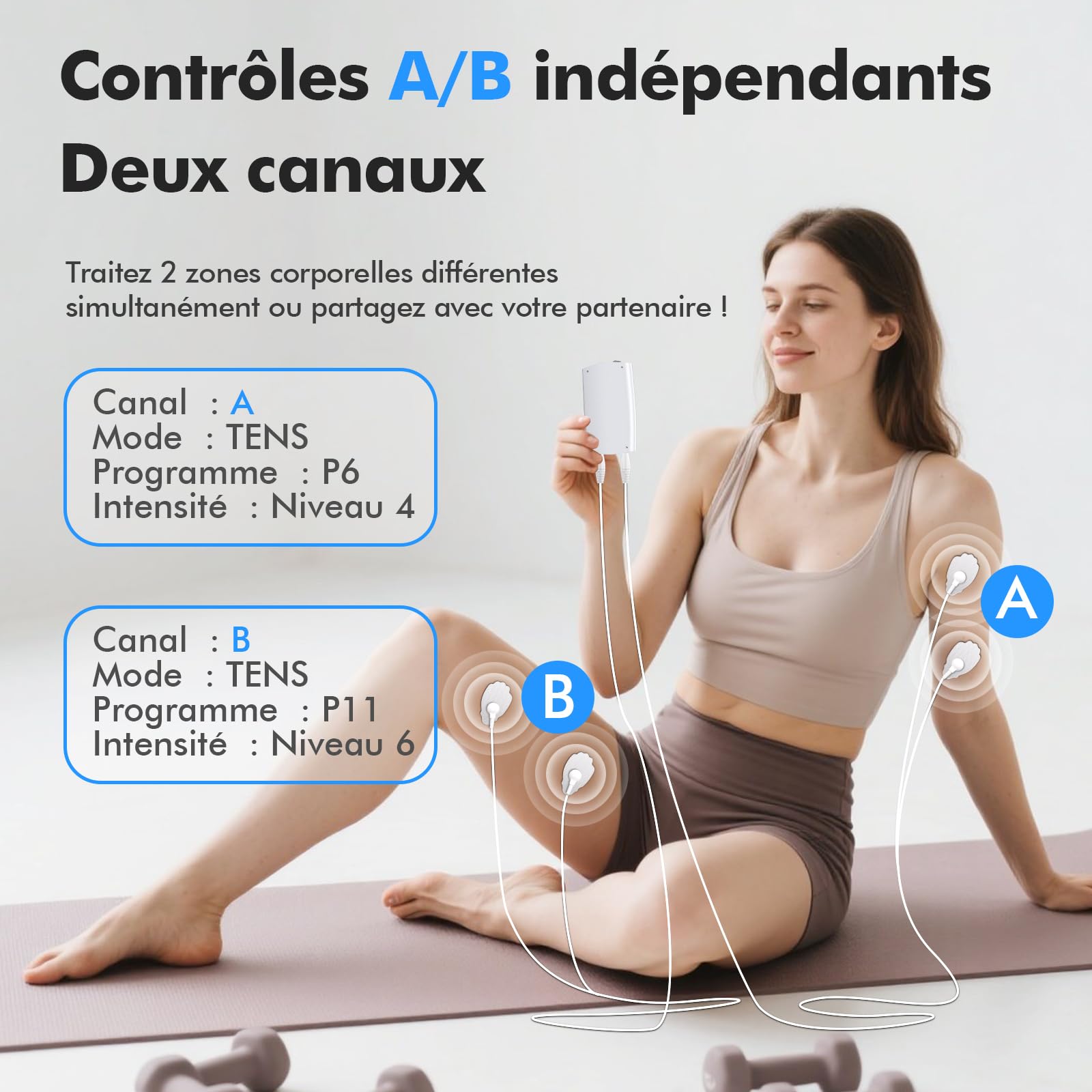 3 EN 1 TENS EMS Électrostimulateur Musculaire pour le soulagement de la douleur, la stimulation musculaire, avec 2 Canaux Indépendant, 36 Programmes de Massage, 10 électrodes
