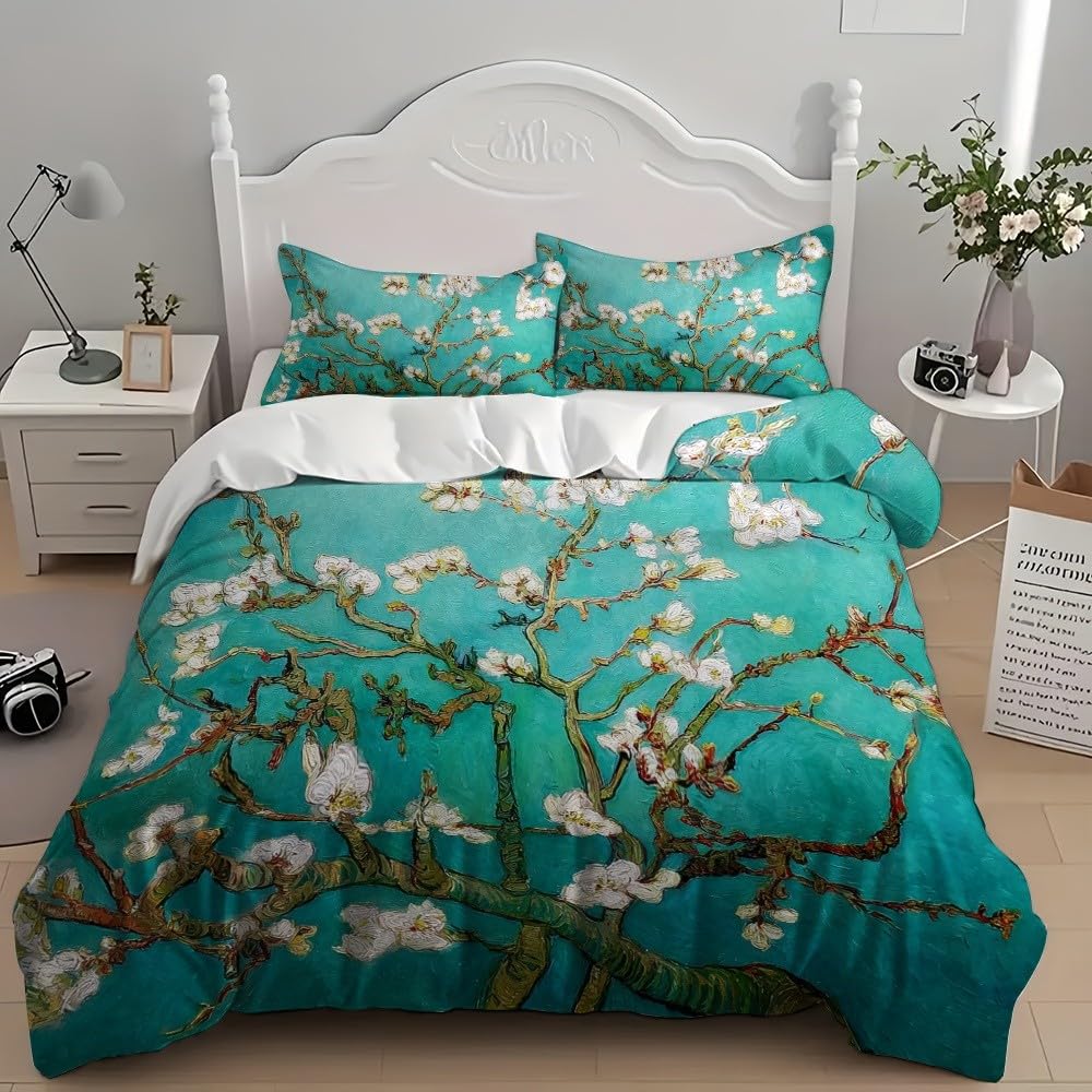 Zestaw pościeli Podwójna poszwa na kołdrę 240 x 220 cm rośliny kwiaty moreli gałązki drzew 3 szt. Miękka hipoalergiczna poszwa na kołdrę z mikrofibry z zamkiem błyskawicznym dla dorosłych, zielona