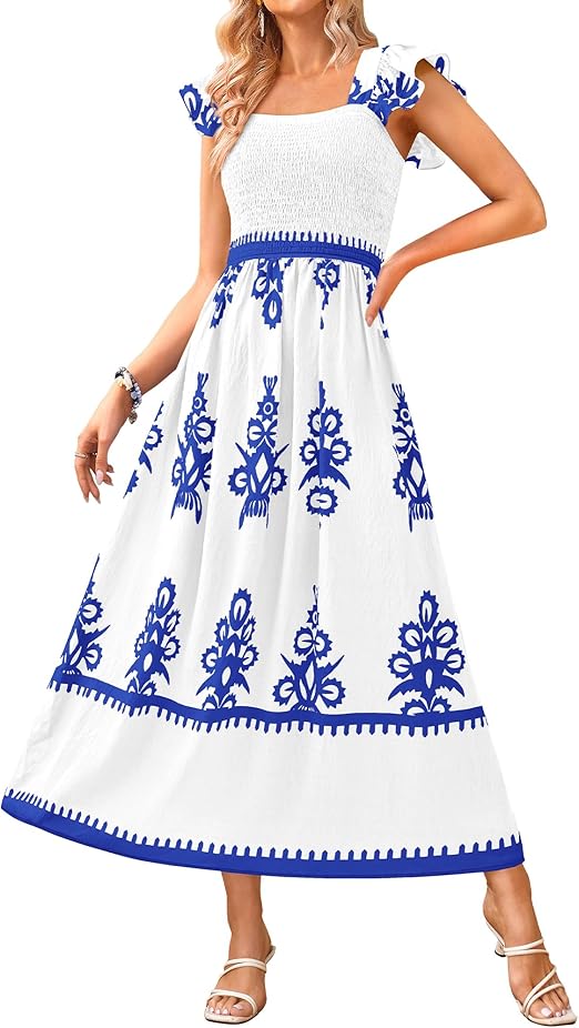BTFBM Summer Dresses for Women 2025 Floral Smocked Boho Sleeveless Square Neck A Line Casual Beach Maxi Dress Pockets